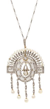 A Bicolor Gold, Diamond and Pearl Pendant and Chain, 10.05 dwts.