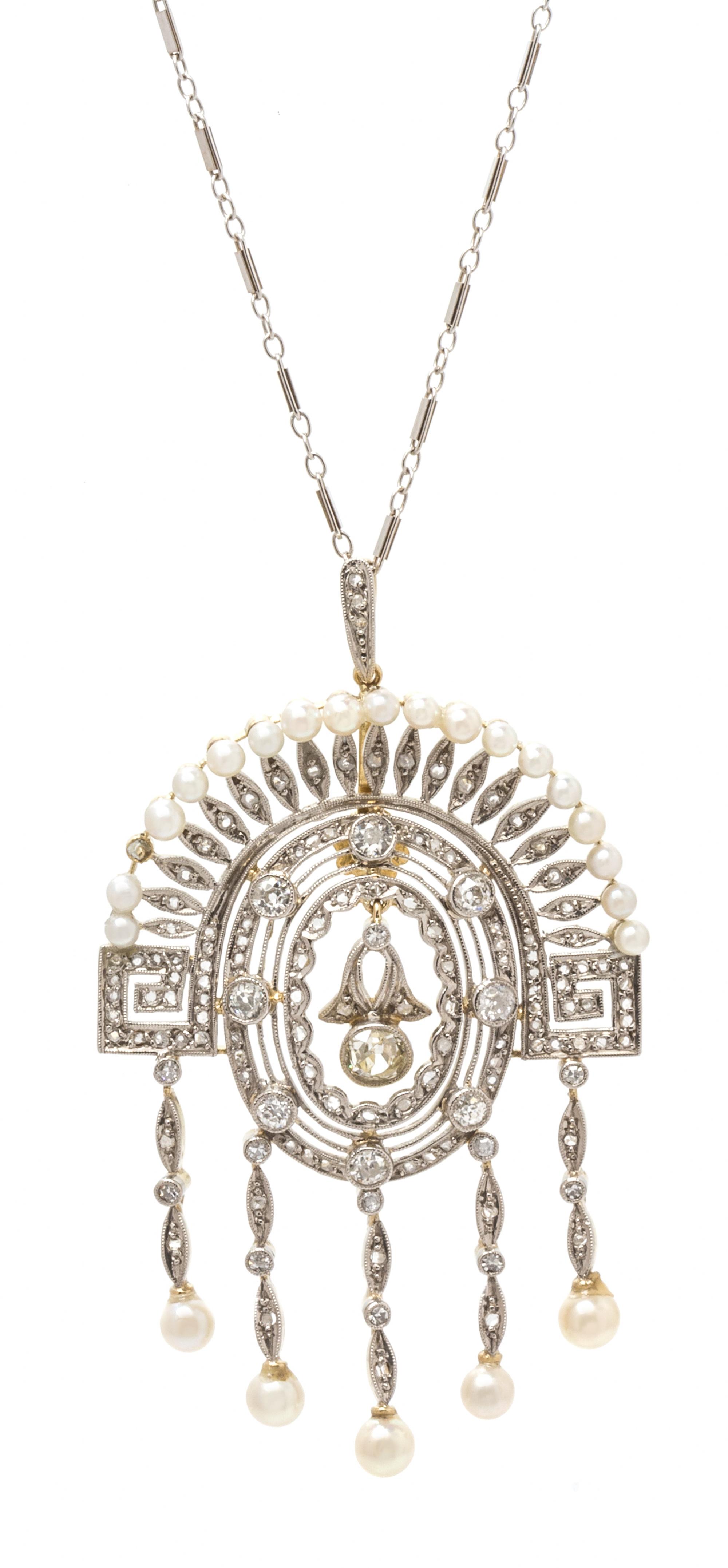 A Bicolor Gold, Diamond and Pearl Pendant and Chain, 10.05 dwts.