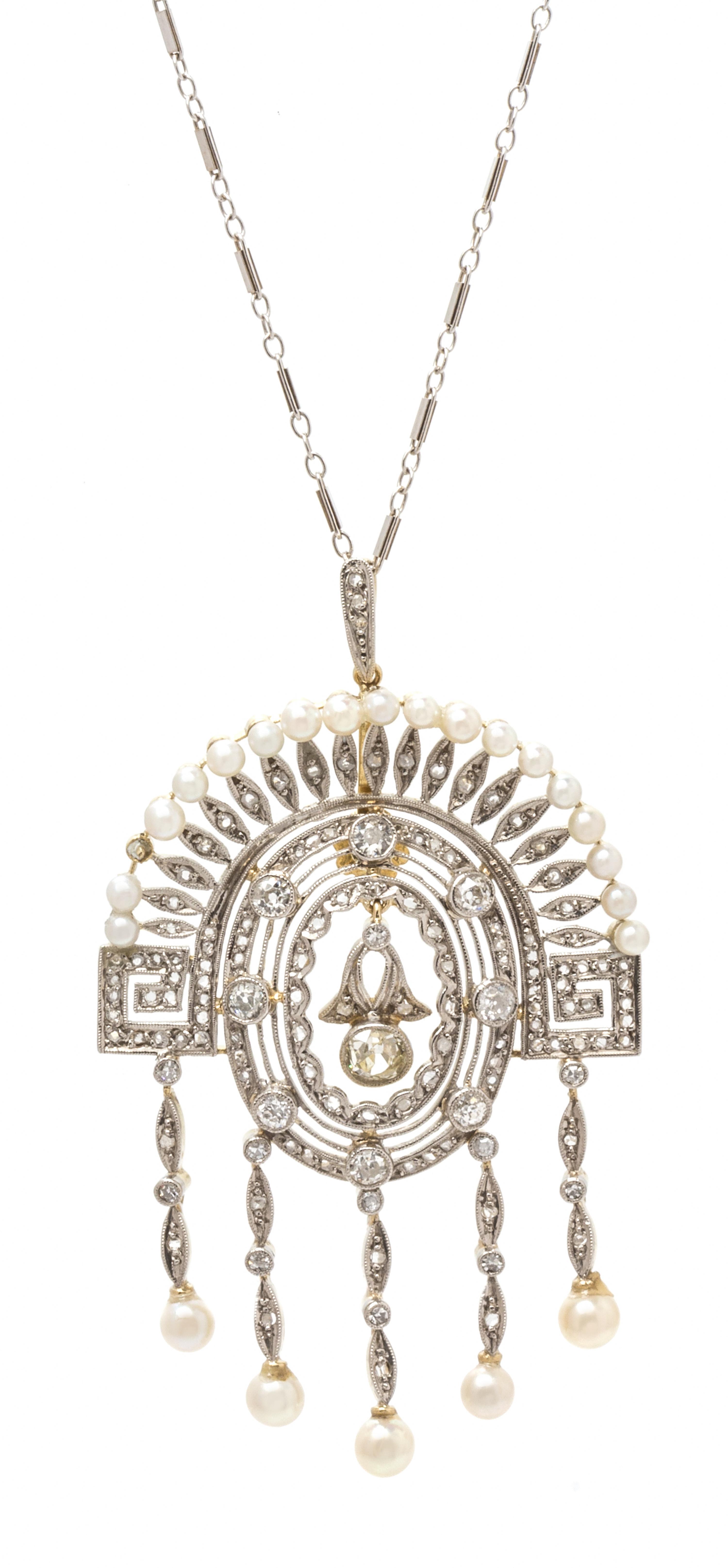 A Bicolor Gold, Diamond and Pearl Pendant and Chain, 10.05 dwts.