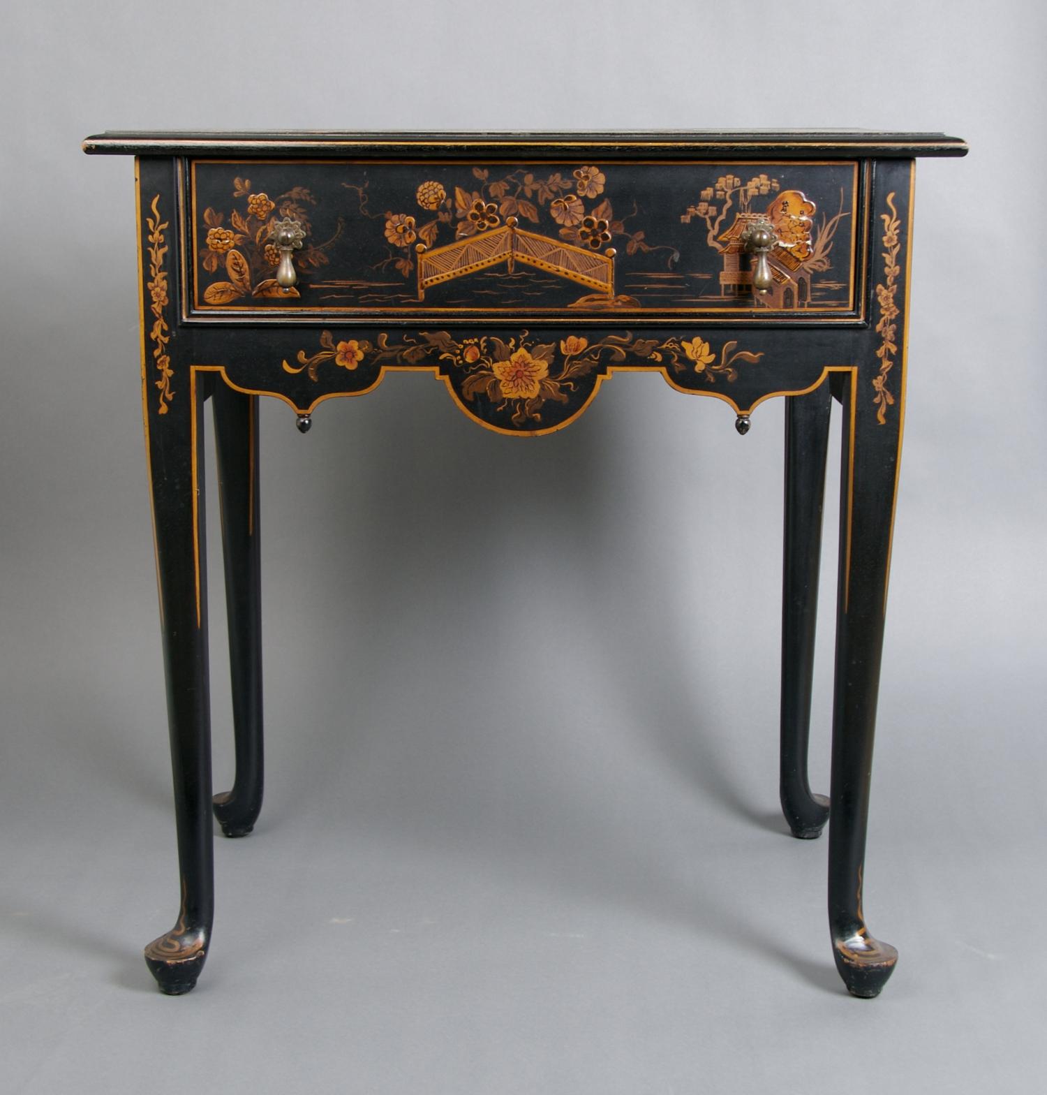 A Painted Table with Chinoiserie Lacquered Decoration, Paine Furniture Company, Height 28 1/2 x width 27 1/4 x depth 17 1/2 inches.