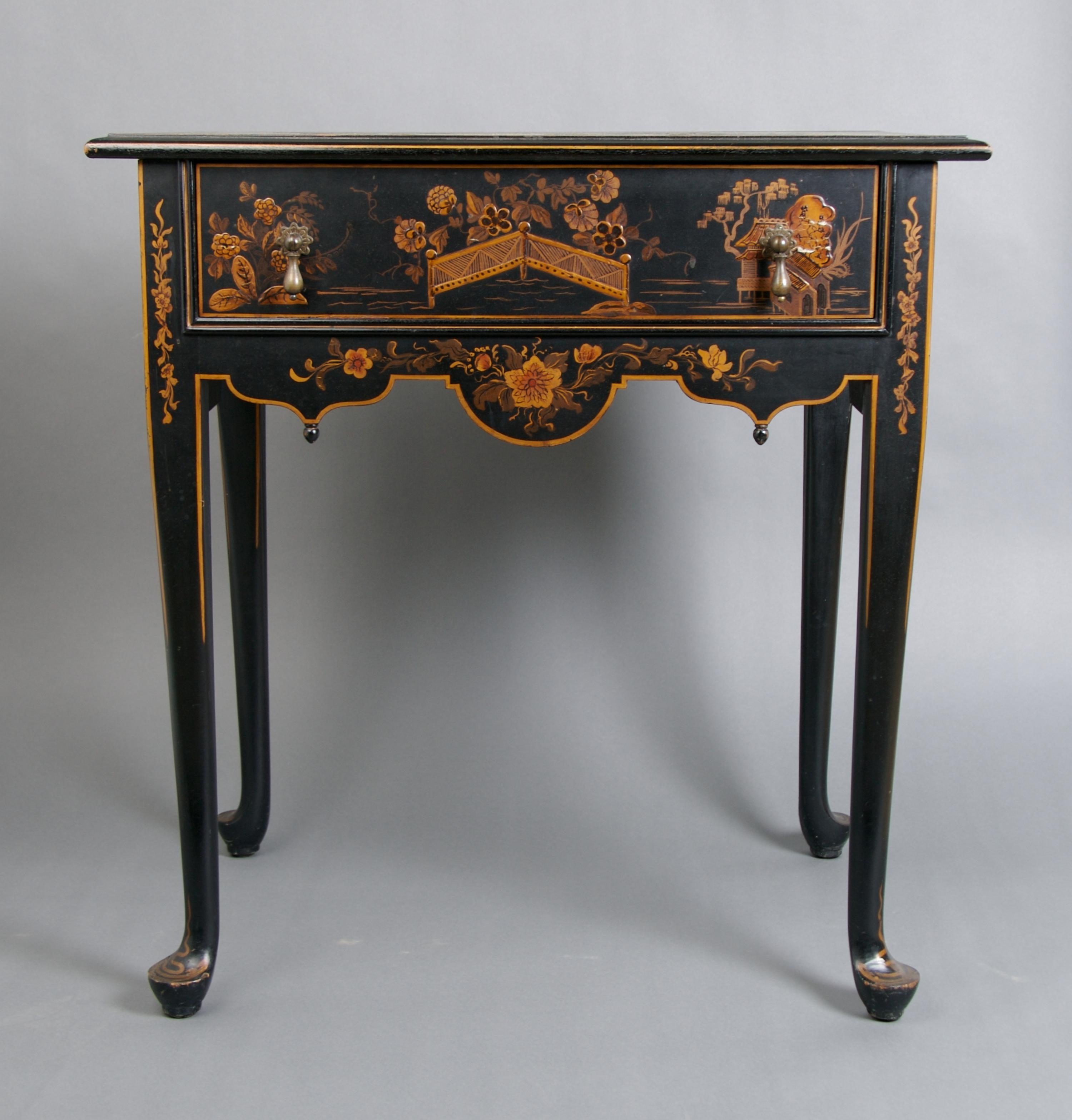 A Painted Table with Chinoiserie Lacquered Decoration, Paine Furniture Company, Height 28 1/2 x width 27 1/4 x depth 17 1/2 inches.