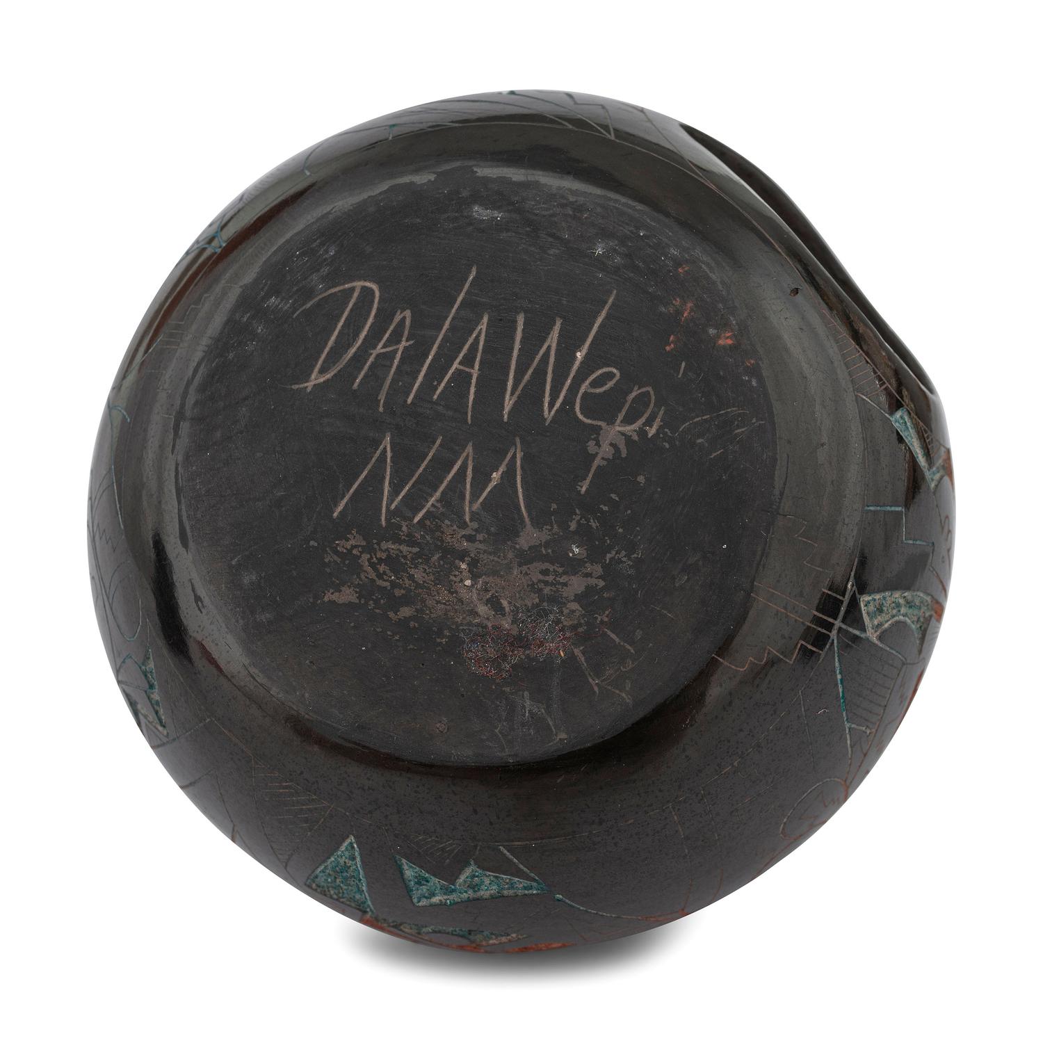 Blackware Pottery Jar, with Polychrome Sgraffito Decorations