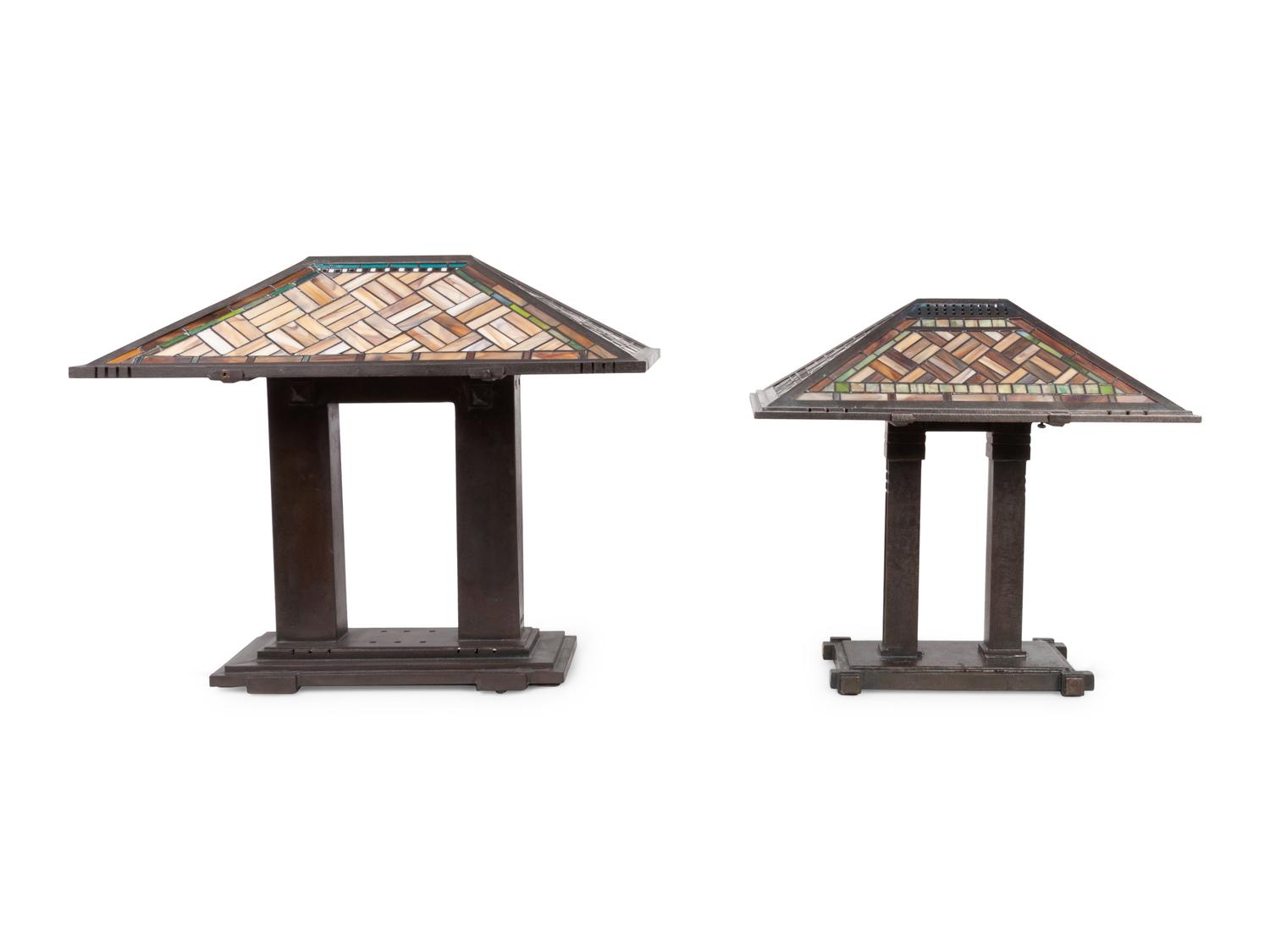 A Pair of Karl Berry Slag Glass Lamps Manner of Frank Lloyd Wright