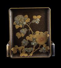 A Large Japanese Mother-of-Pearl Inlaid Gold and Black Lacquer Stationary Box and Cover, Bunko, Meiji Period 日本明治時代 蒔繪嵌螺鈿孔雀圖文箱