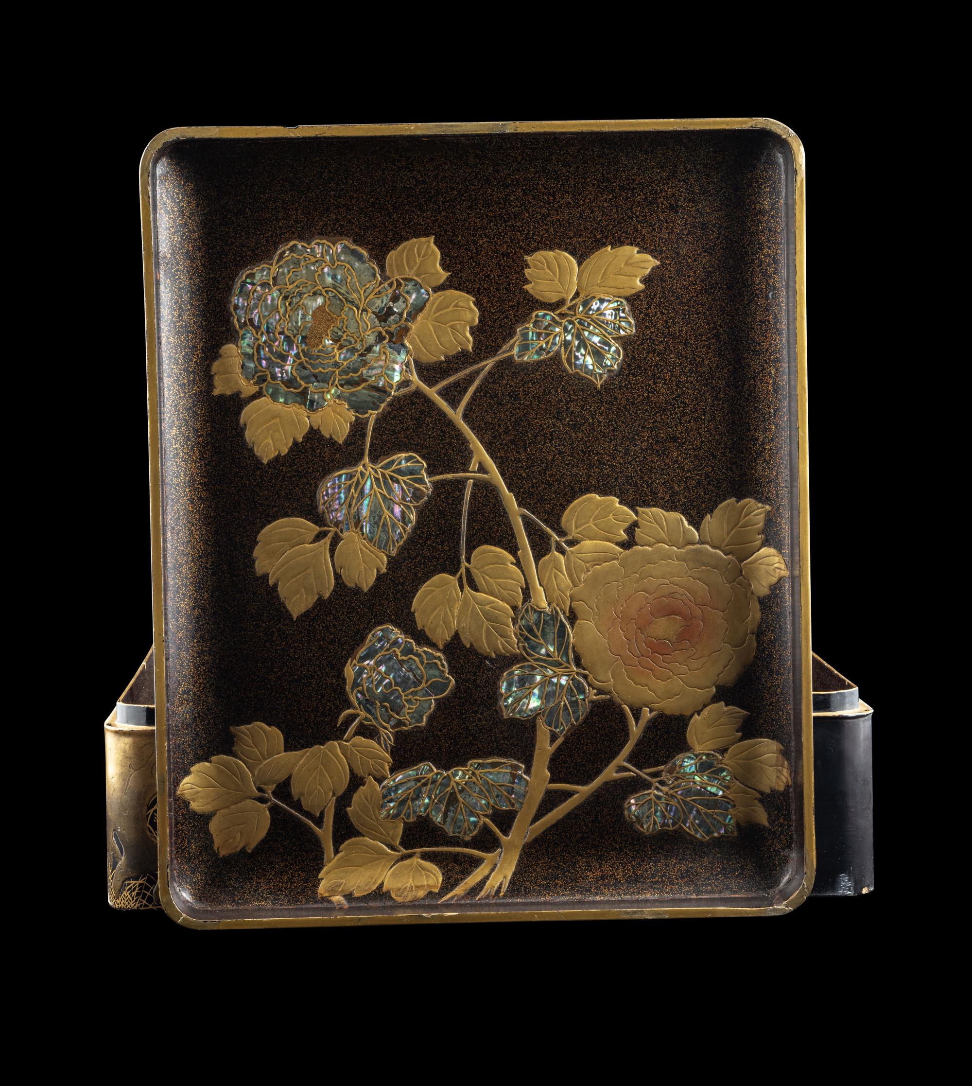 A Large Japanese Mother-of-Pearl Inlaid Gold and Black Lacquer Stationary Box and Cover, Bunko, Meiji Period 日本明治時代 蒔繪嵌螺鈿孔雀圖文箱