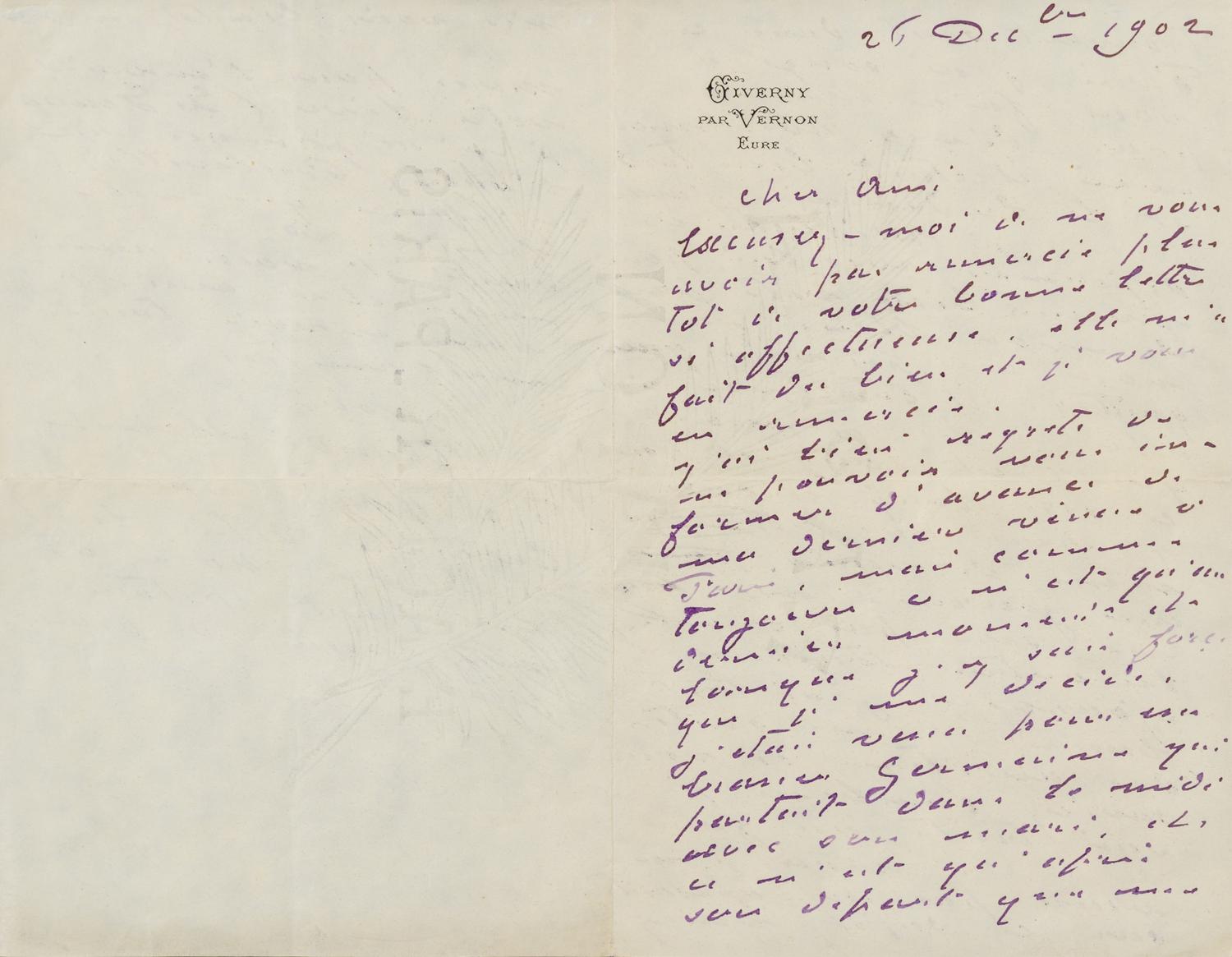 MONET, Claude. Autographed letter signed ("Claude Monet"), in purple ink, in French, to art critic Gustave Geffroy, 1902.