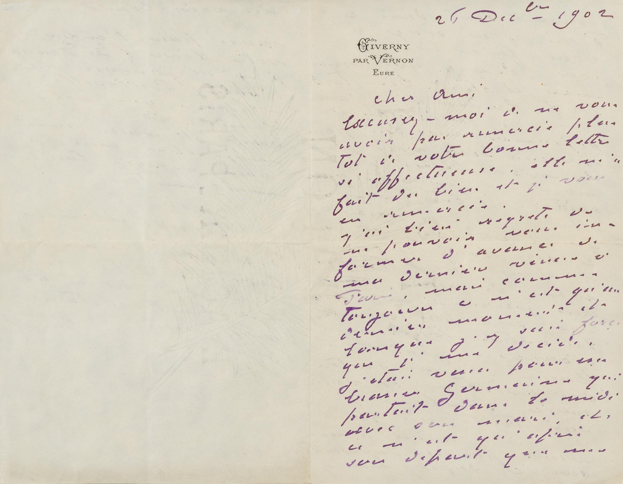 MONET, Claude. Autographed letter signed ("Claude Monet"), in purple ink, in French, to art critic Gustave Geffroy, 1902.