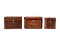 Three George III Mahogany or Burl Walnut and Satinwood Marquetry Tea Caddies