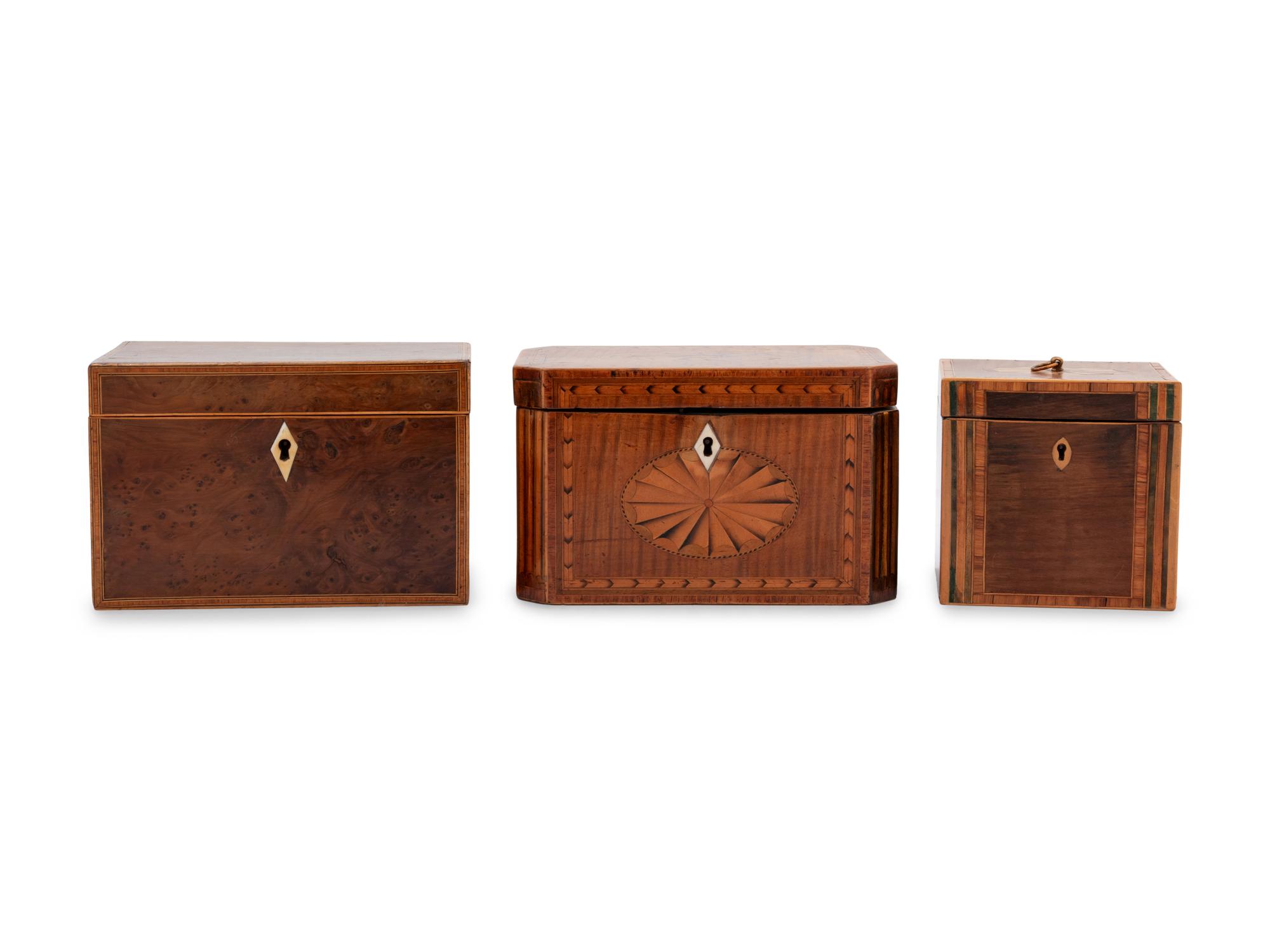 Three George III Mahogany or Burl Walnut and Satinwood Marquetry Tea Caddies