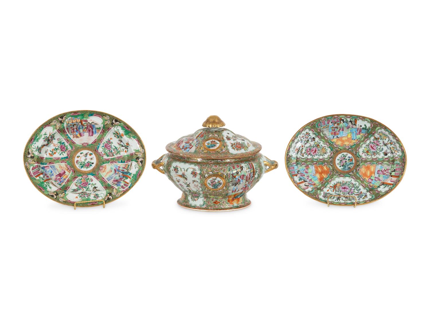Three Famille Rose Porcelain Articles Including Two Ovate Platters and Tureen