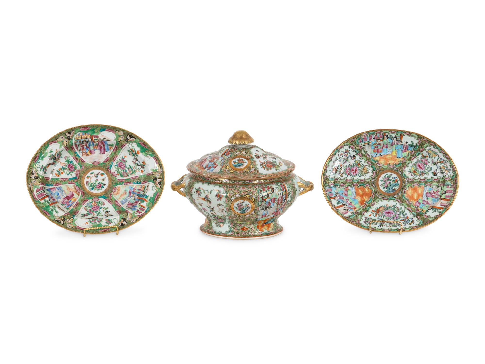 Three Famille Rose Porcelain Articles Including Two Ovate Platters and Tureen