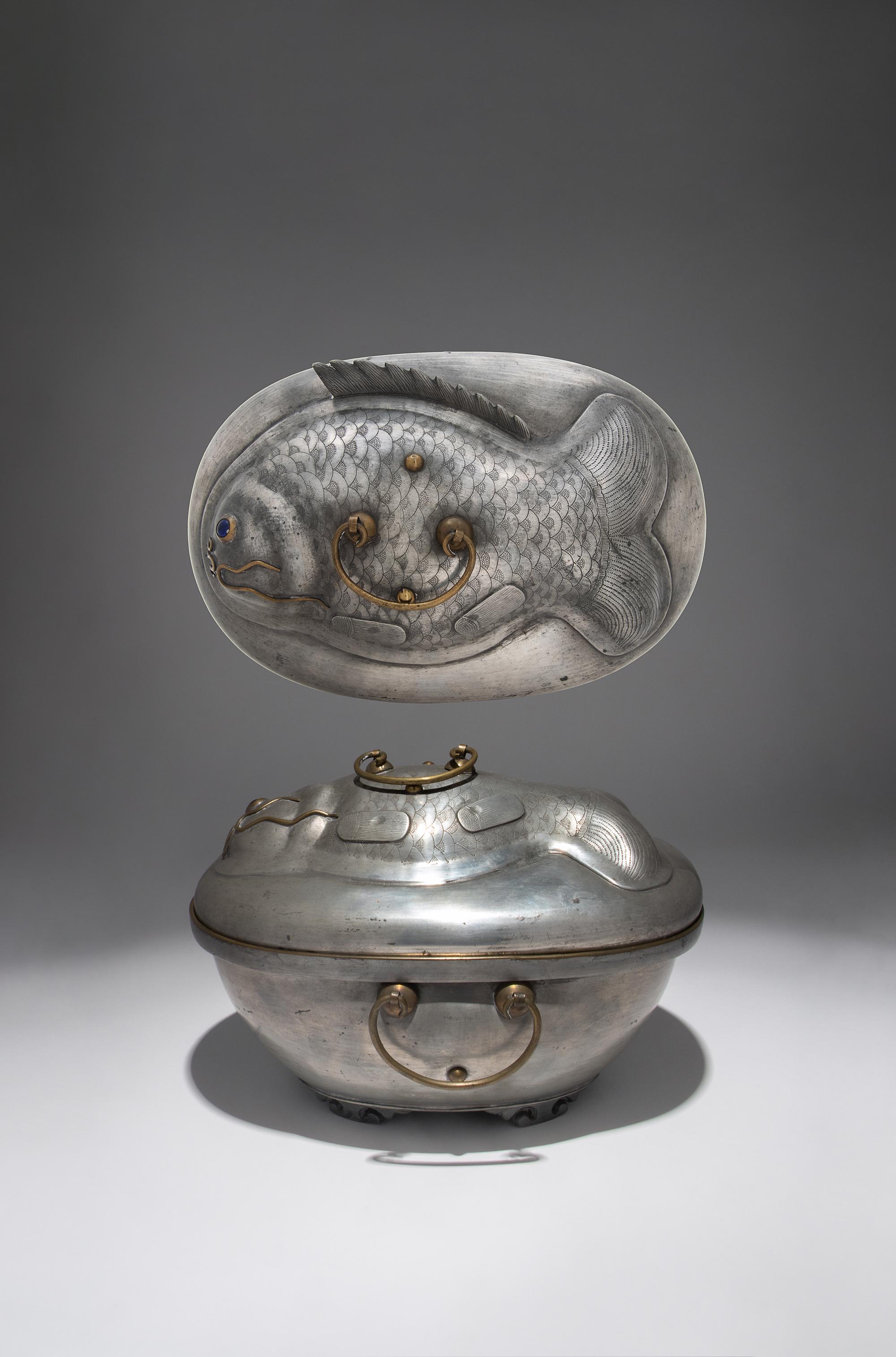 A Pewter Carp-Form Food Container