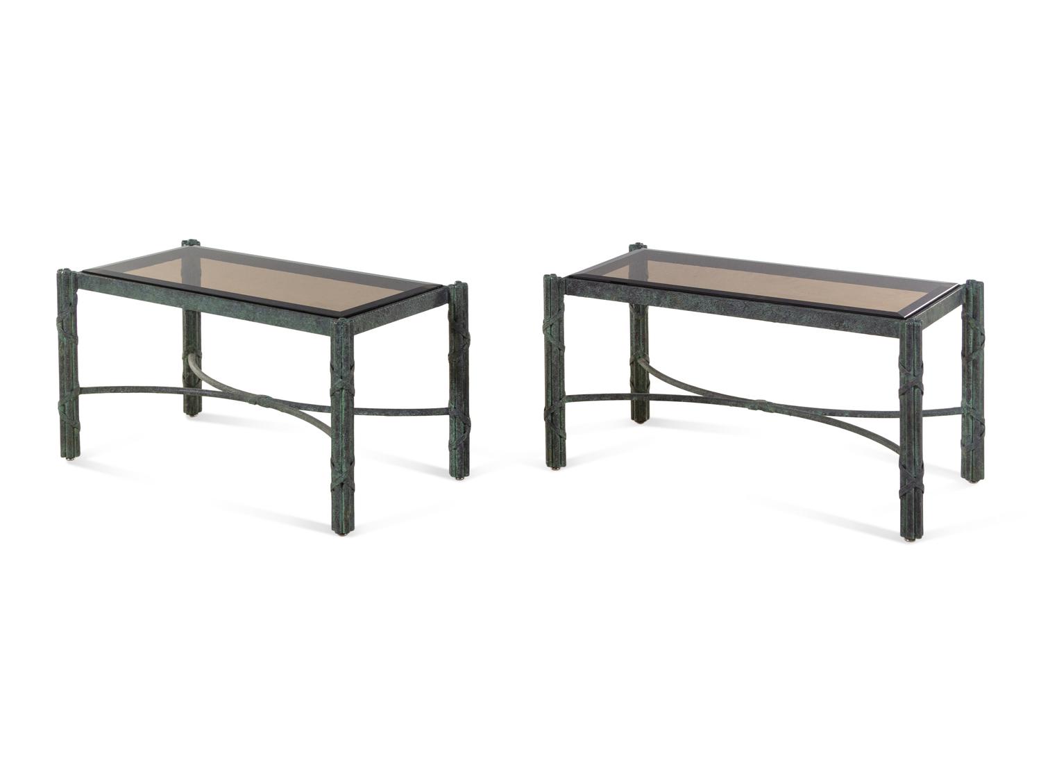 A Pair of Modern Patinated Bronze Smoky Glass-Top Low Tables