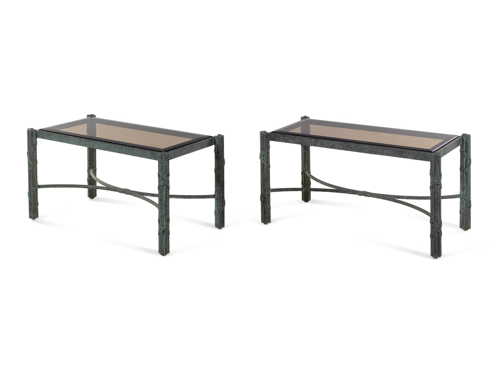 A Pair of Modern Patinated Bronze Smoky Glass-Top Low Tables