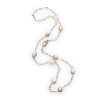 Baroque Cultured Pearl, White Topaz, and White Gold Station Necklace