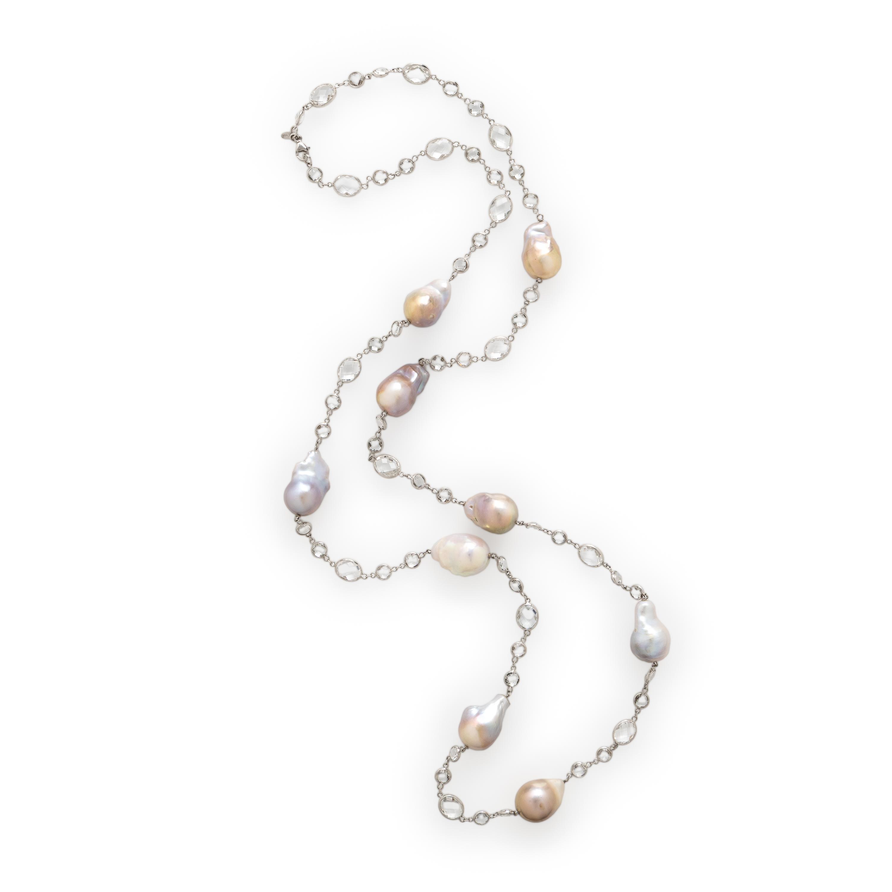 Baroque Cultured Pearl, White Topaz, and White Gold Station Necklace