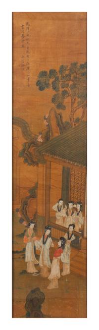 Attributed to Yu Ji, (1738-1823), depicting ladies of leisure in a garden scene with pavilion and plantain trees.