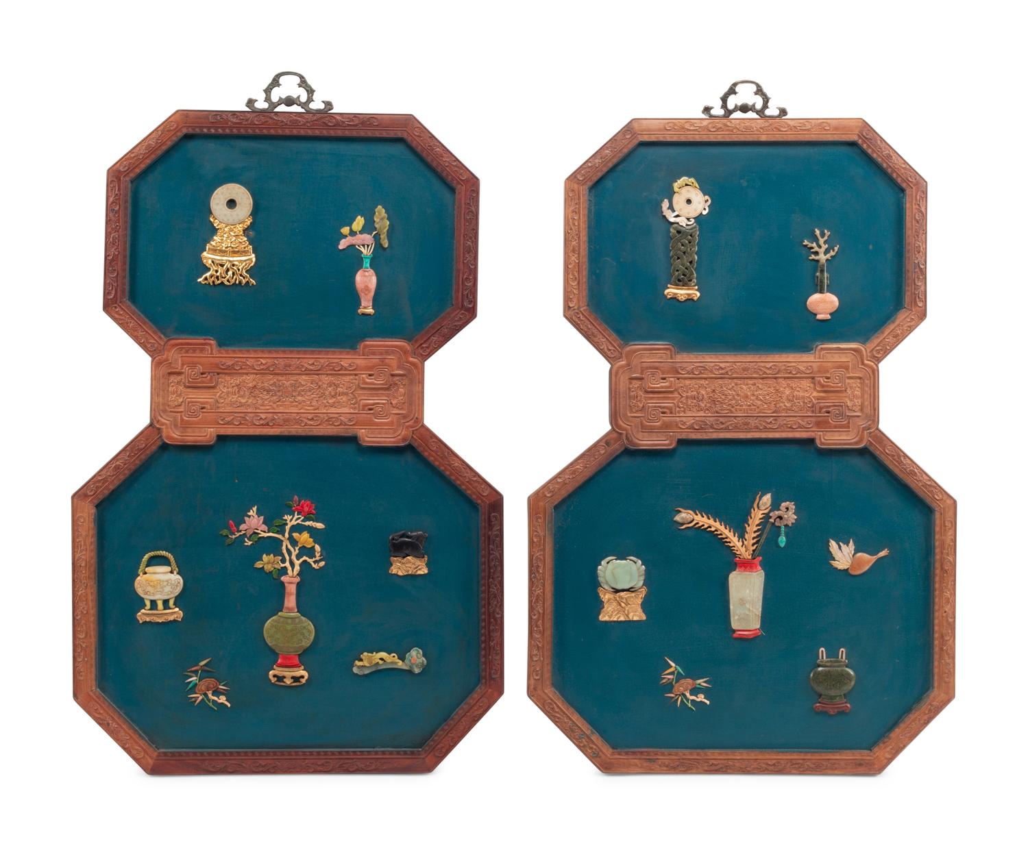 A Pair of Large Chinese Hardstone-Inlaid Panels