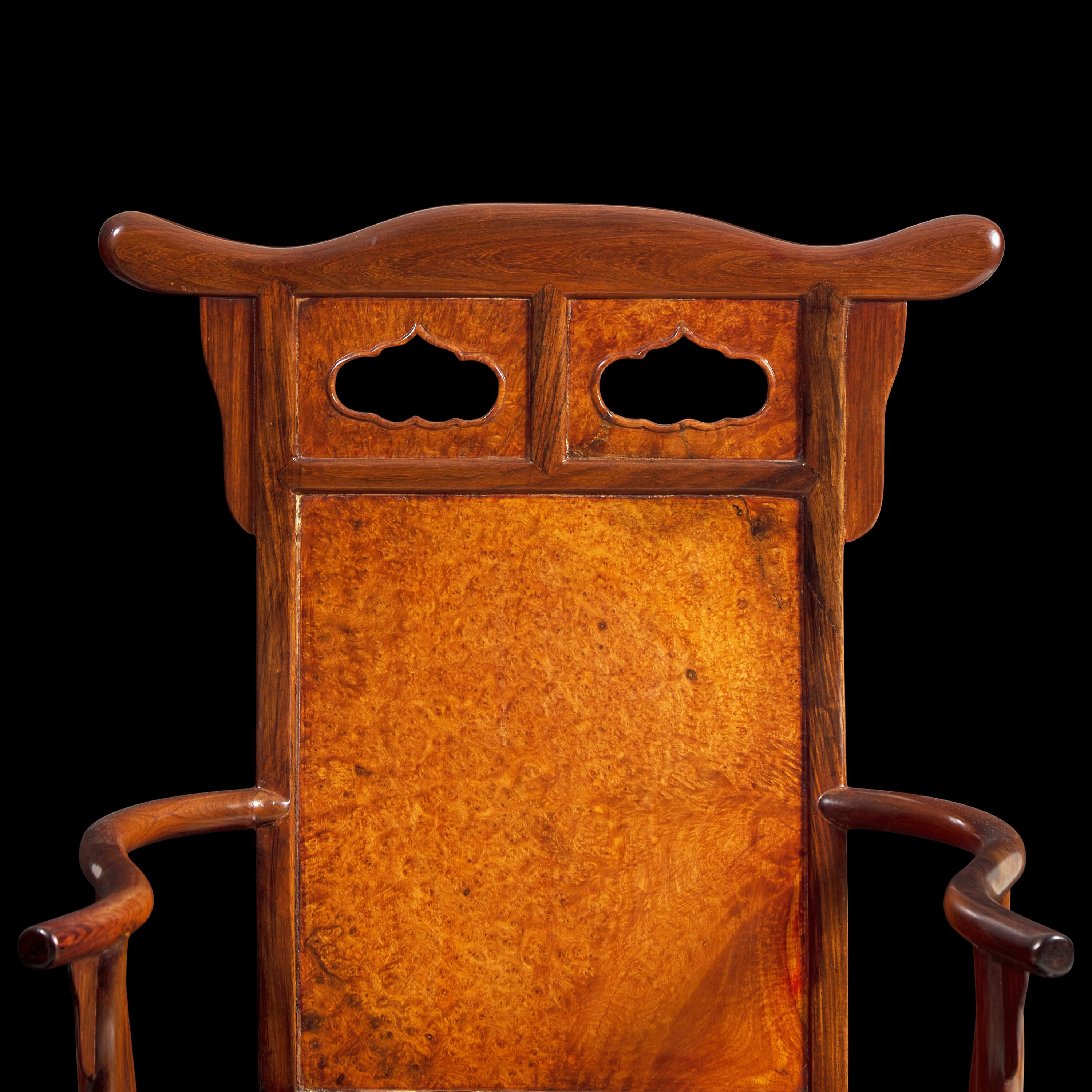 A Chinese Hardwood and Huamu Armchair, Fushouyi, Late 19th to 20th Century 晚清民國 硬木拼樺木扶手椅