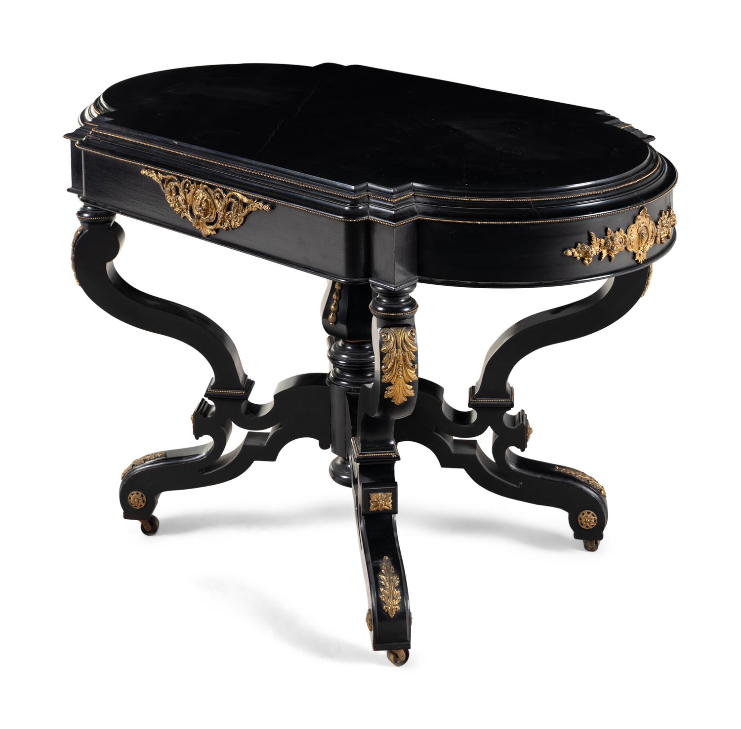 A Victorian Gilt Bronze Mounted Ebonized Center Table