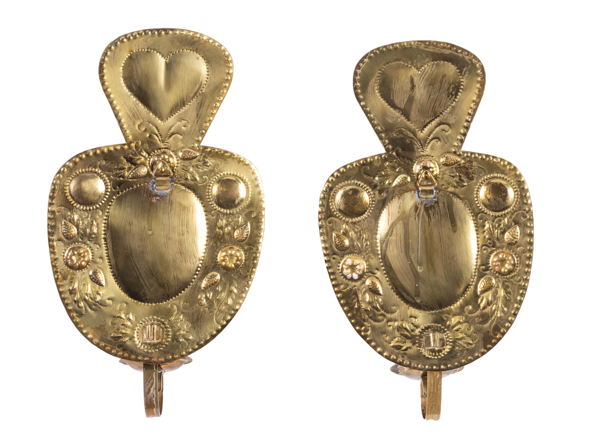 A Pair of Dutch Pressed Brass Heart-and-Berries One-Light Wall Sconces