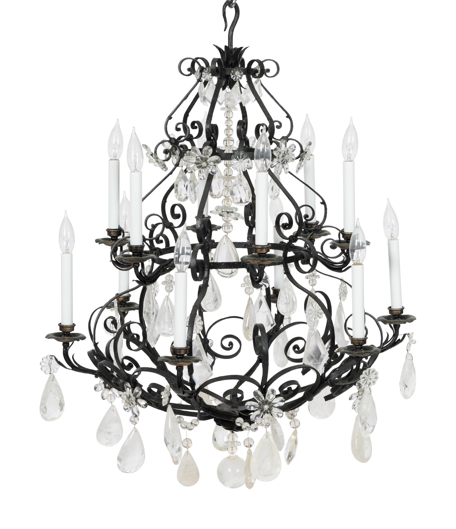 A Wrought Iron and Rock Crystal Twelve-Light Chandelier
