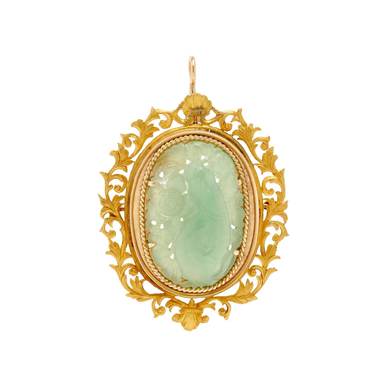 YELLOW GOLD AND JADE PENDANT/BROOCH