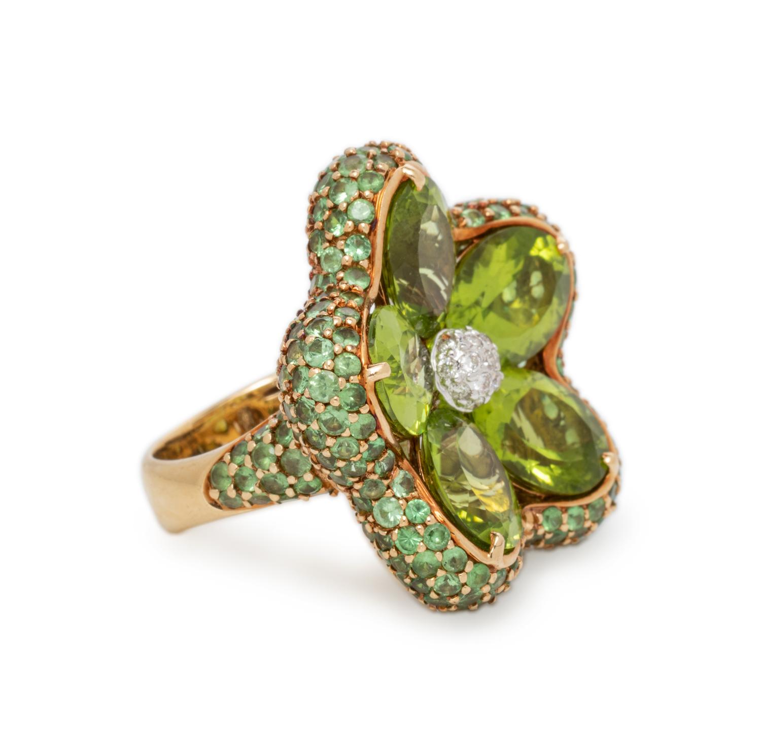 PERIDOT, TSAVORITE GARNET AND DIAMOND RING