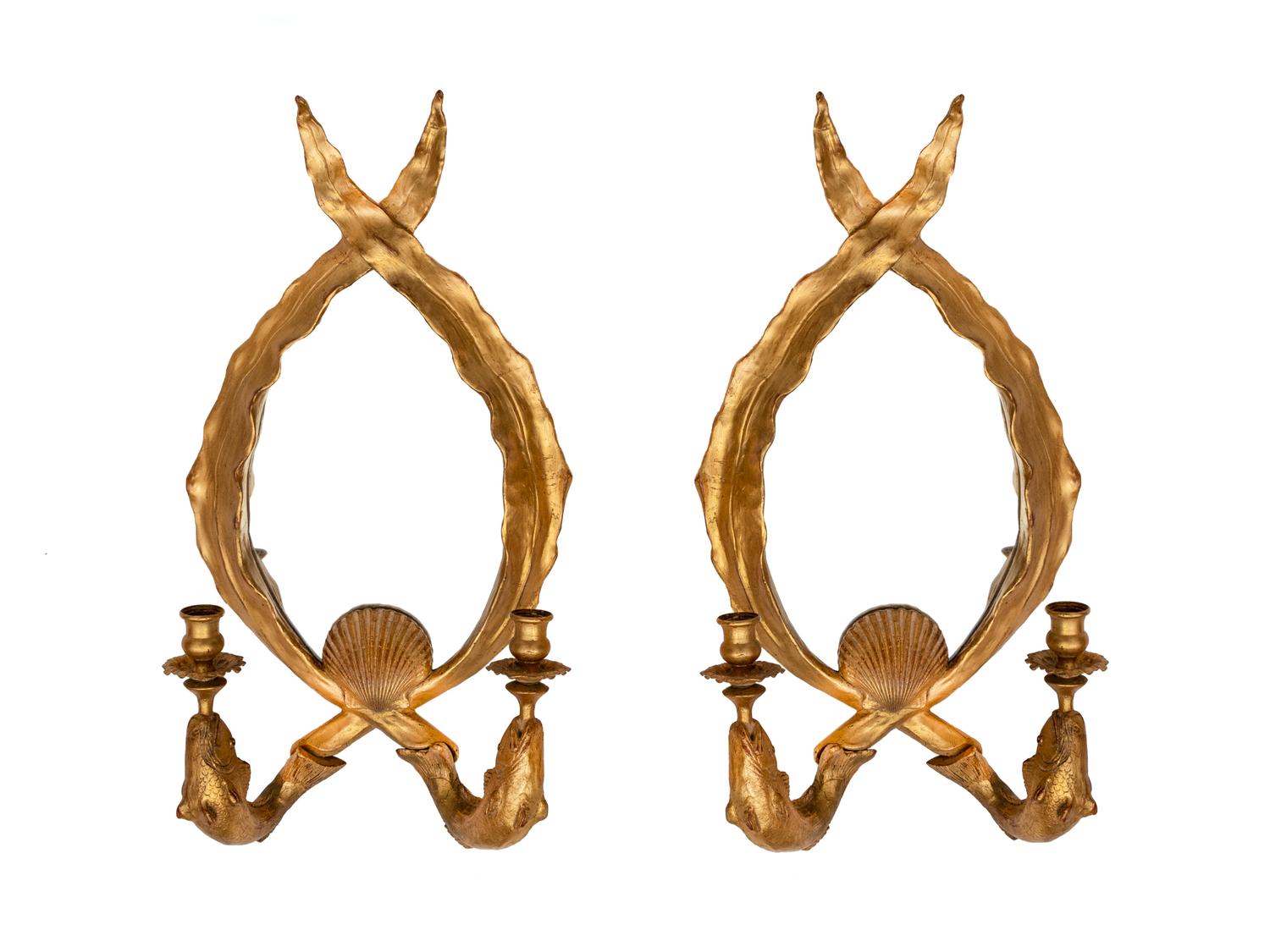 A Pair of Whimsical Mirrored Gilt Wall Sconces — CARVERS GUILD, 1998