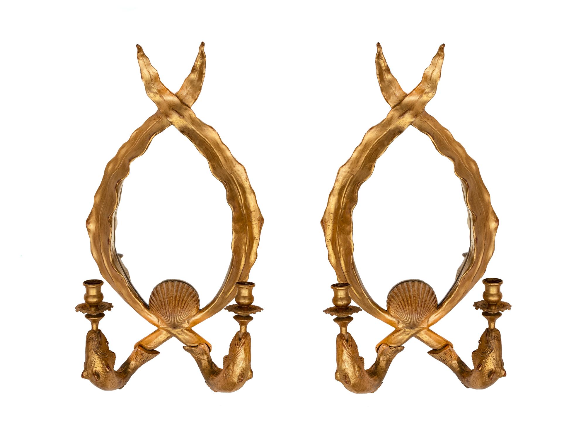 A Pair of Whimsical Mirrored Gilt Wall Sconces — CARVERS GUILD, 1998