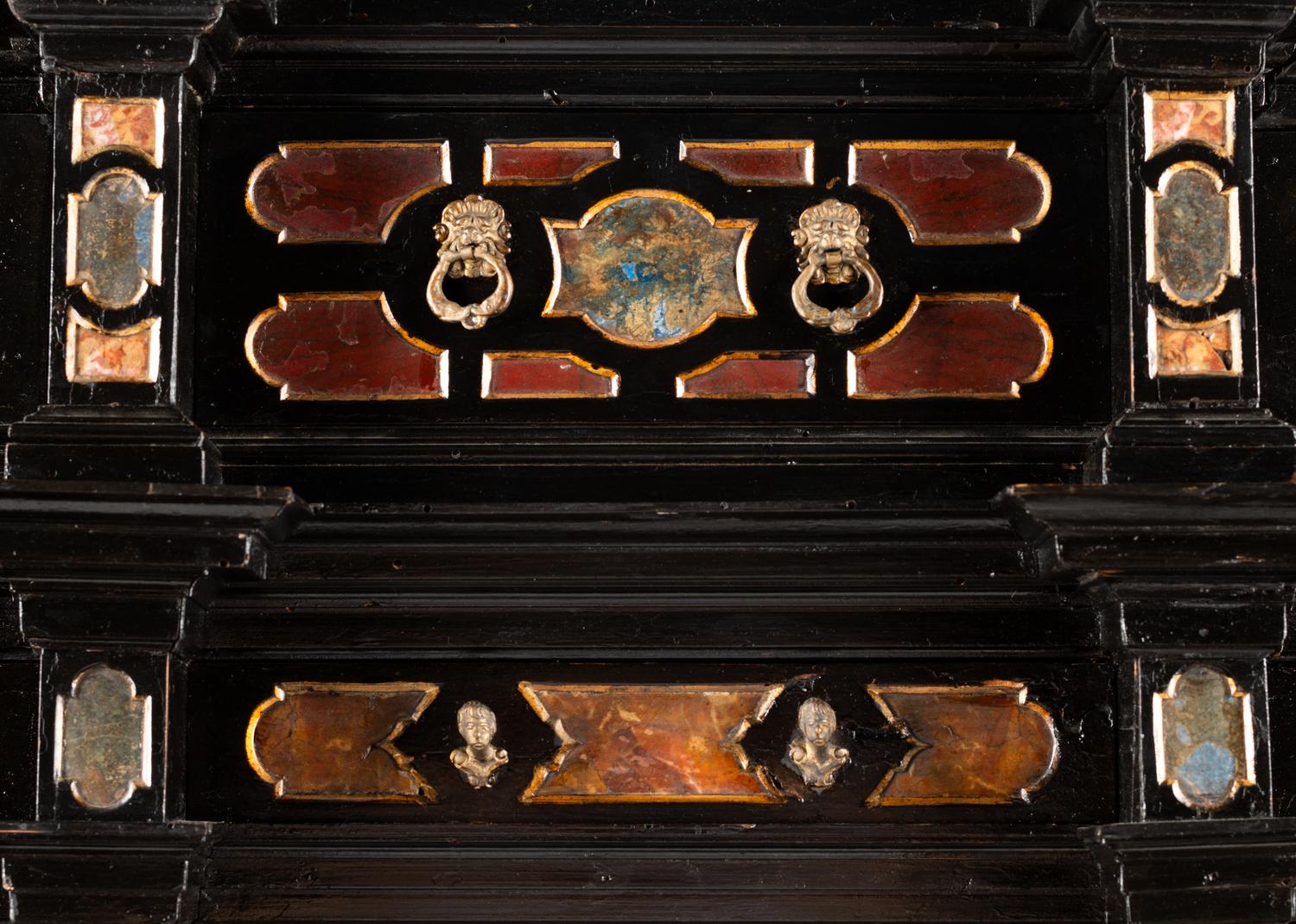 A Florentine Specimen Marble-Inset Ebonized Collector's Cabinet on Stand