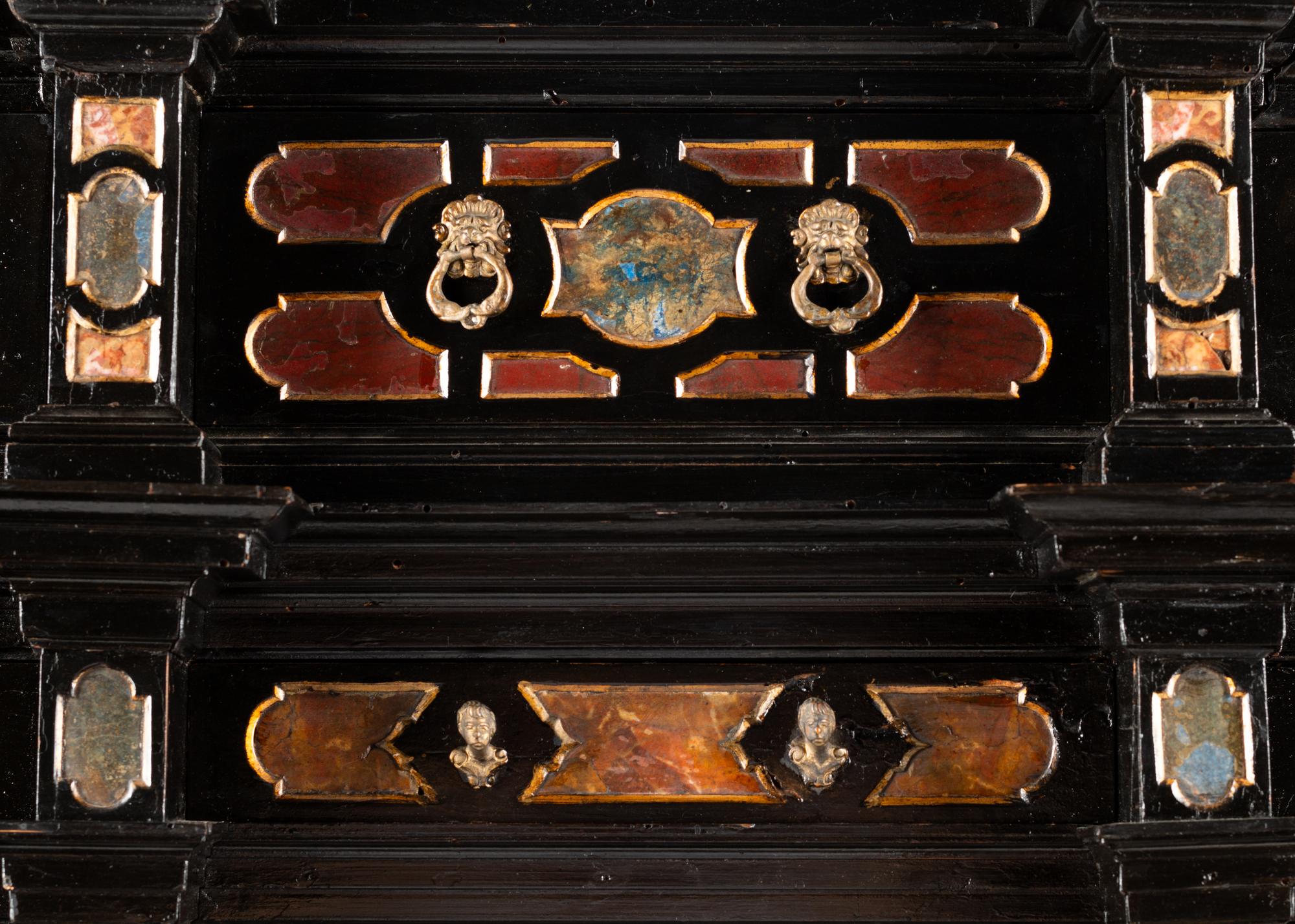 A Florentine Specimen Marble-Inset Ebonized Collector's Cabinet on Stand