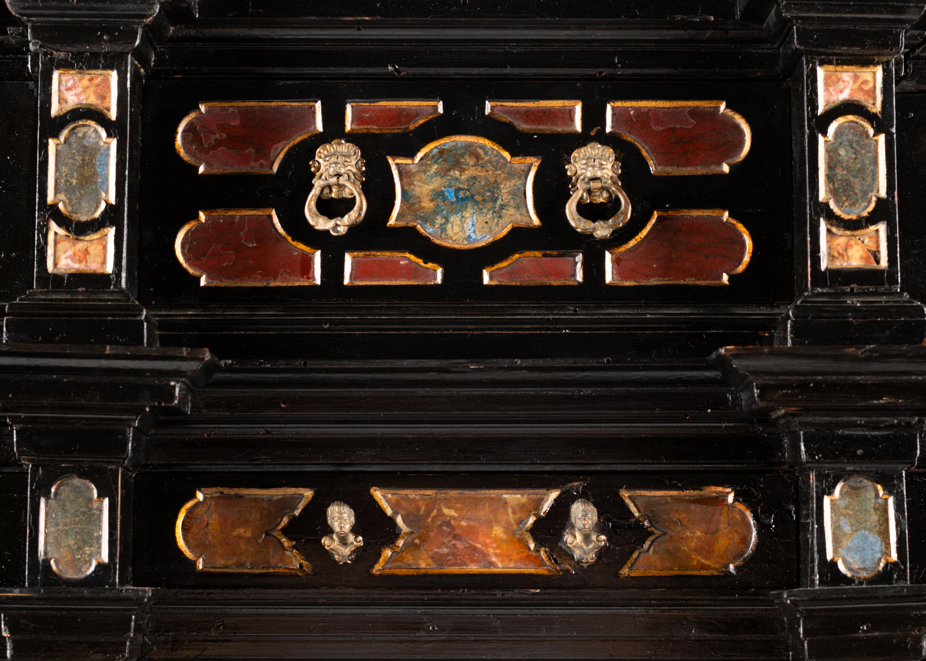 A Florentine Specimen Marble-Inset Ebonized Collector's Cabinet on Stand