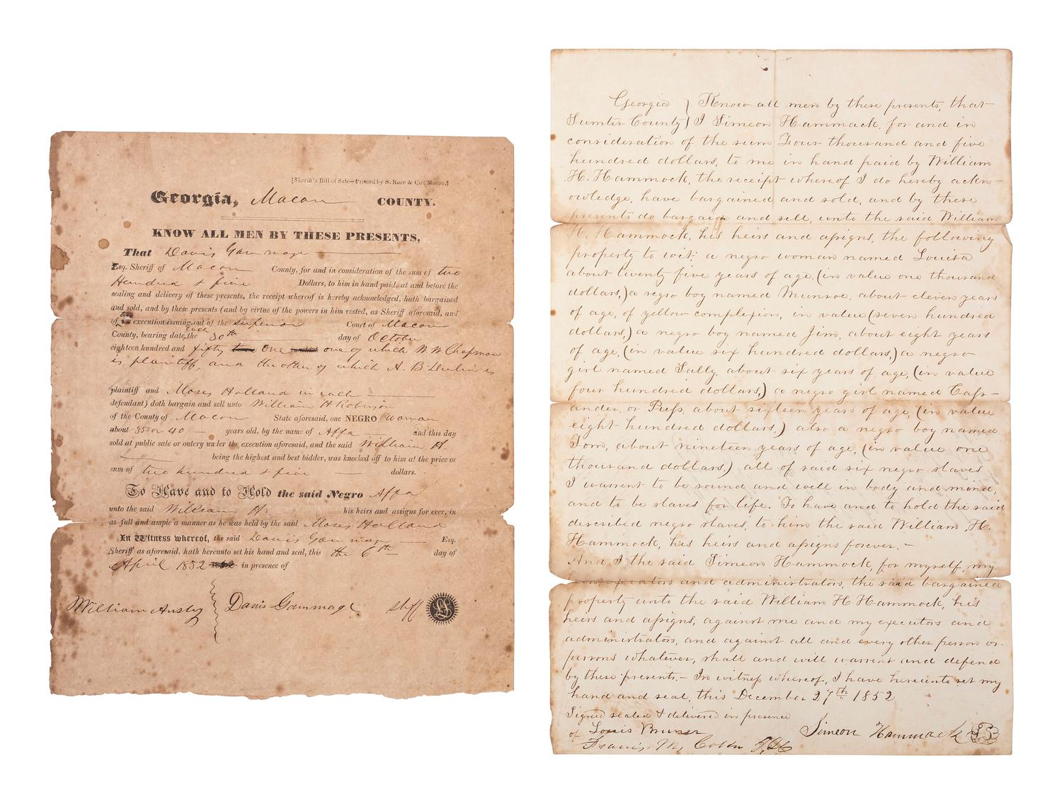 [SLAVERY & ABOLITION]. Two bills of sale for enslaved persons in Georgia, including a scarce Sheriff's Bill of Sale, 1852.