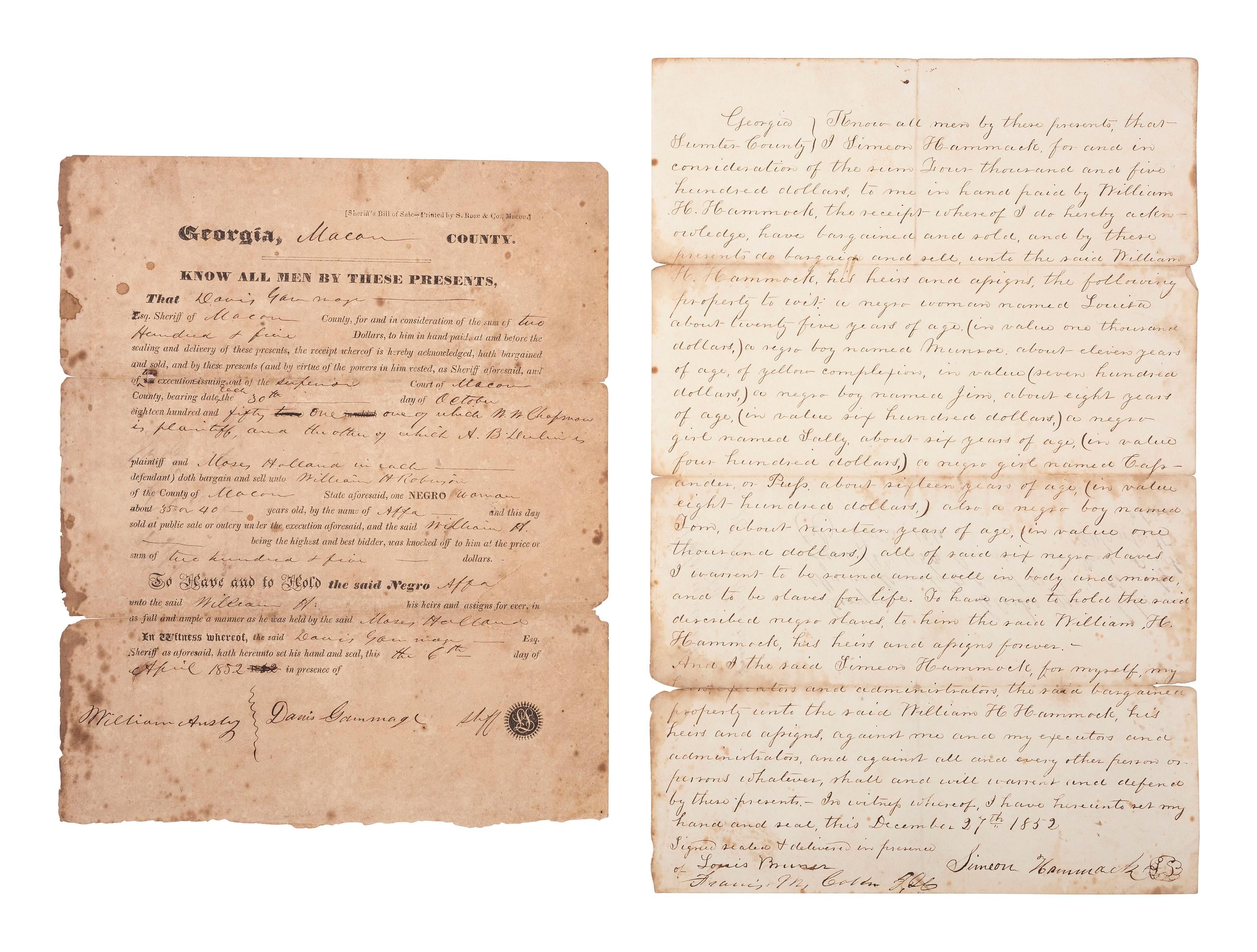 [SLAVERY & ABOLITION]. Two bills of sale for enslaved persons in Georgia, including a scarce Sheriff's Bill of Sale, 1852.