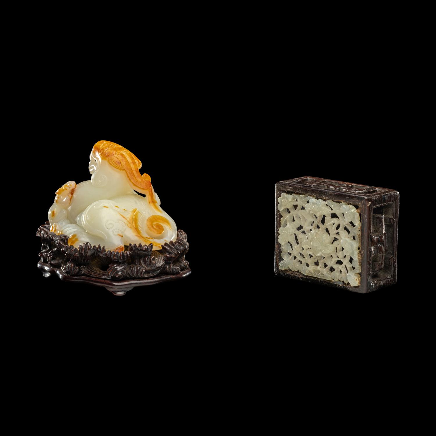 Two Chinese Carved Jade Articles 白玉天祿及青玉鏤雕蓮紋墨床