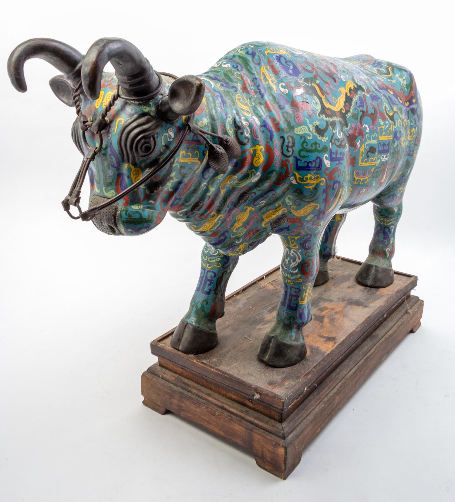 A Large Cloisonne Model of a Bull Height 22 x width 10 1/2 x depth 25 inches.