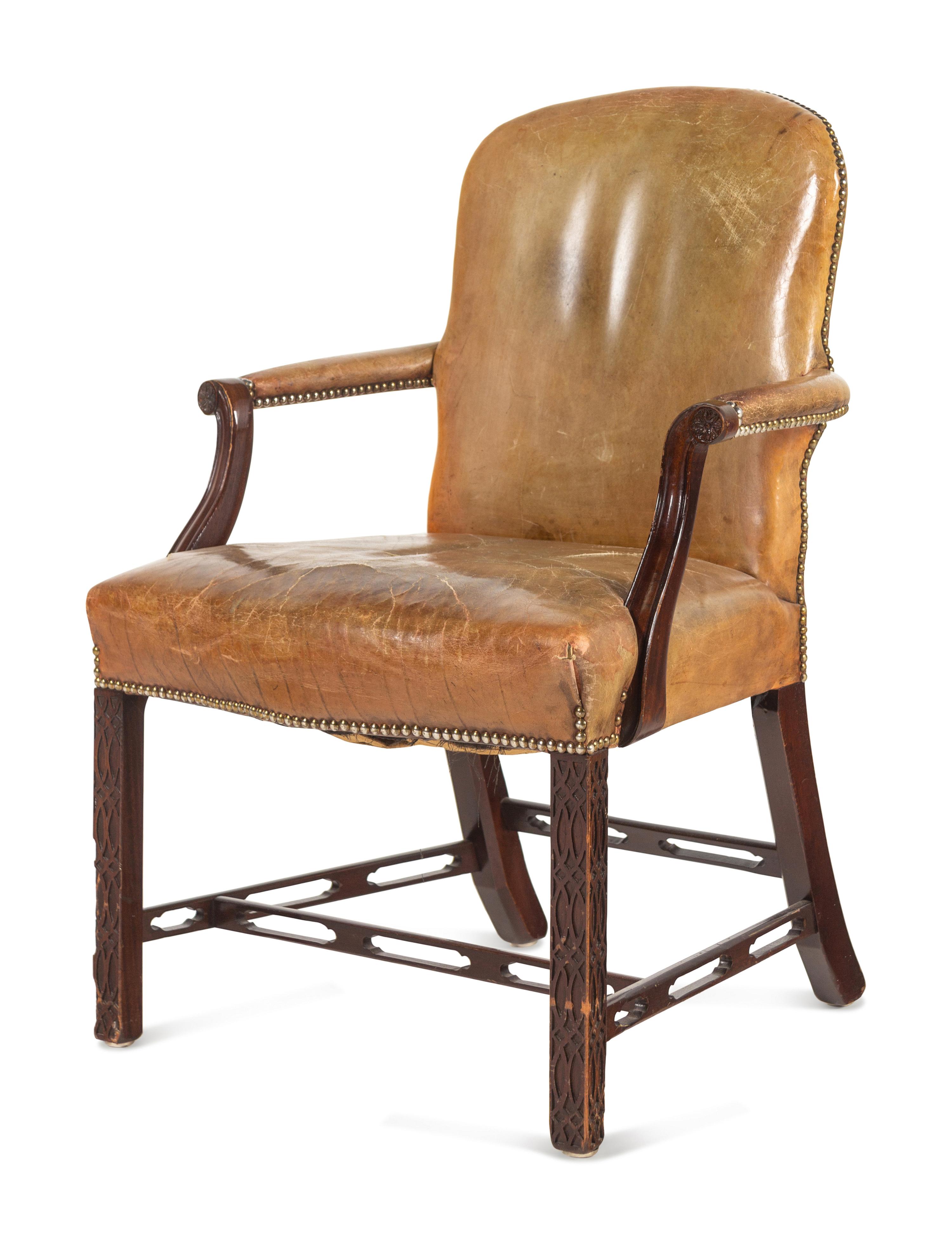 A Pair of George III Style Leather-Upholstered Mahogany Armchairs