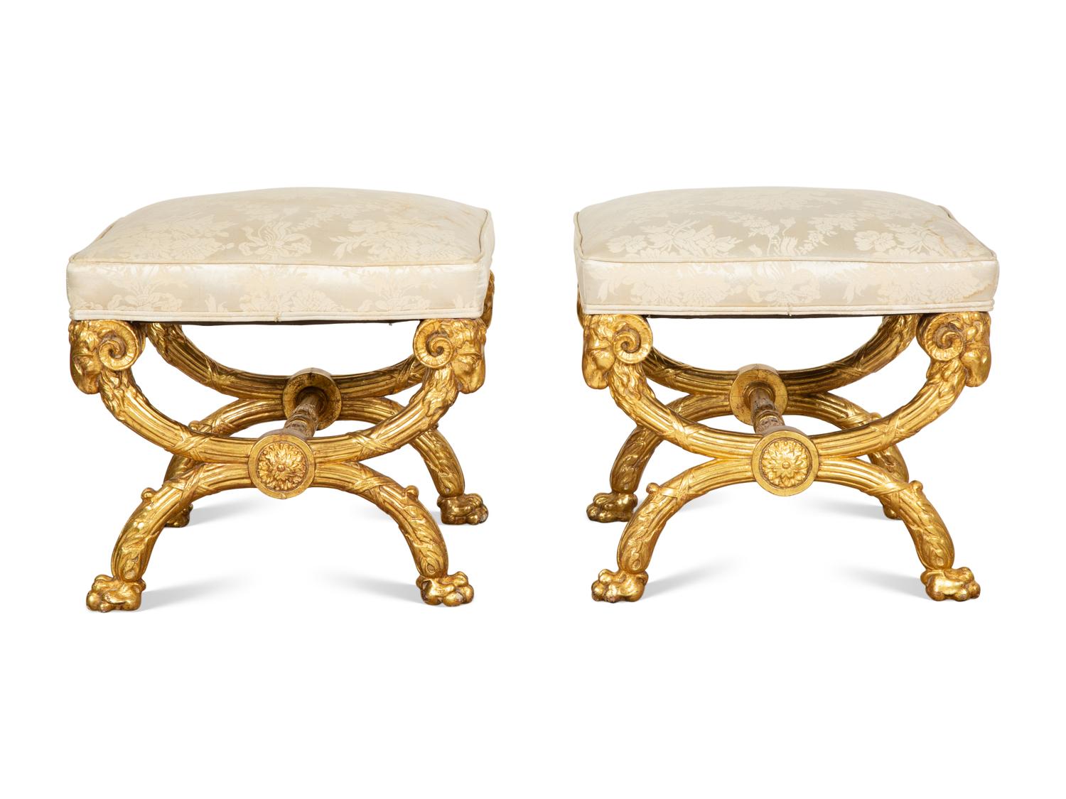 A Pair of Empire Style Giltwood Curule-Form Tabourets