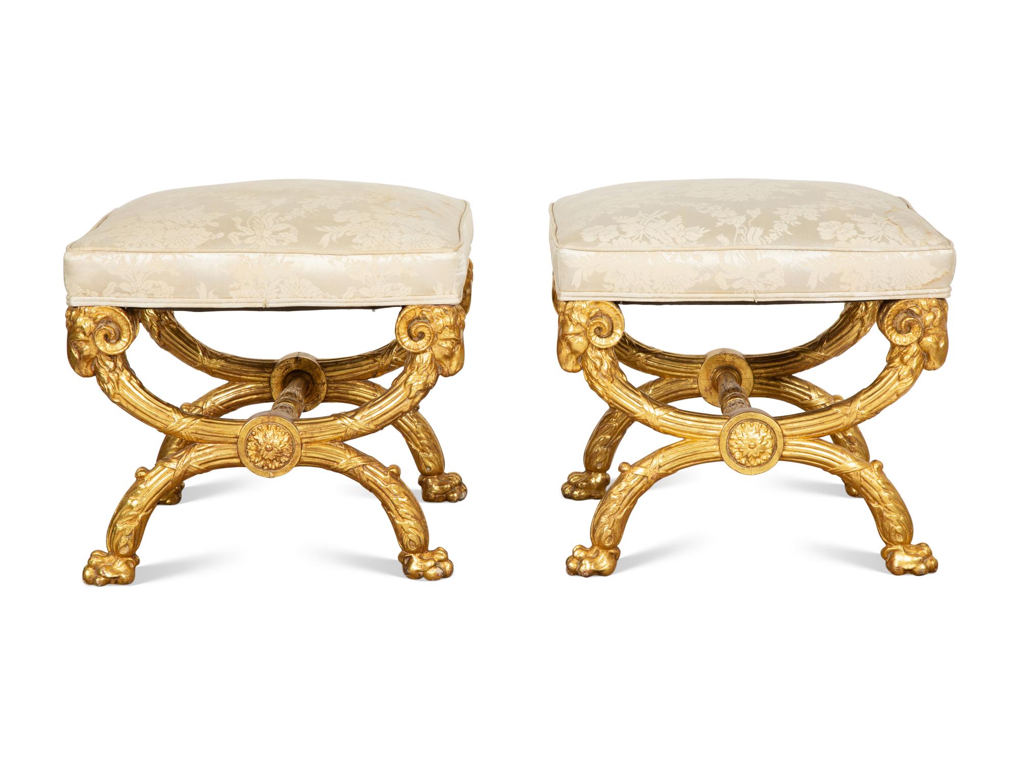 A Pair of Empire Style Giltwood Curule-Form Tabourets