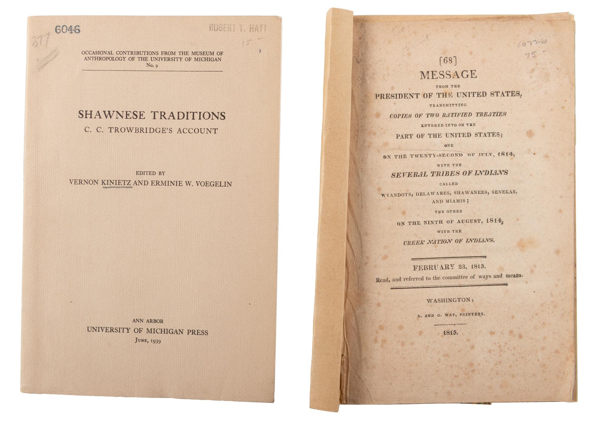 [NATIVE AMERICANS]. A group of 6 items regarding various Eastern Native American Tribes - Shawnee, Wyandot, Miami.