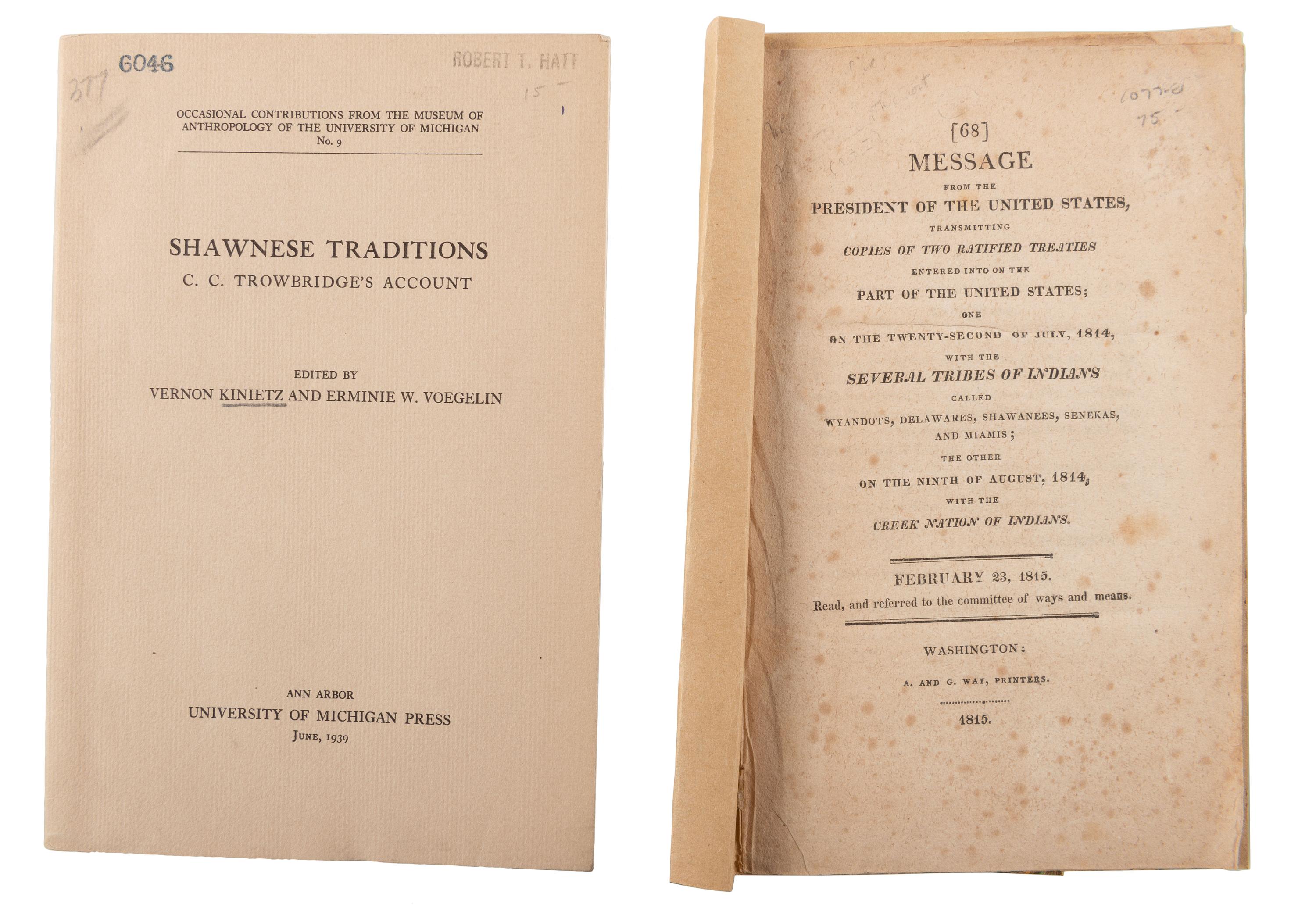 [NATIVE AMERICANS]. A group of 6 items regarding various Eastern Native American Tribes - Shawnee, Wyandot, Miami.