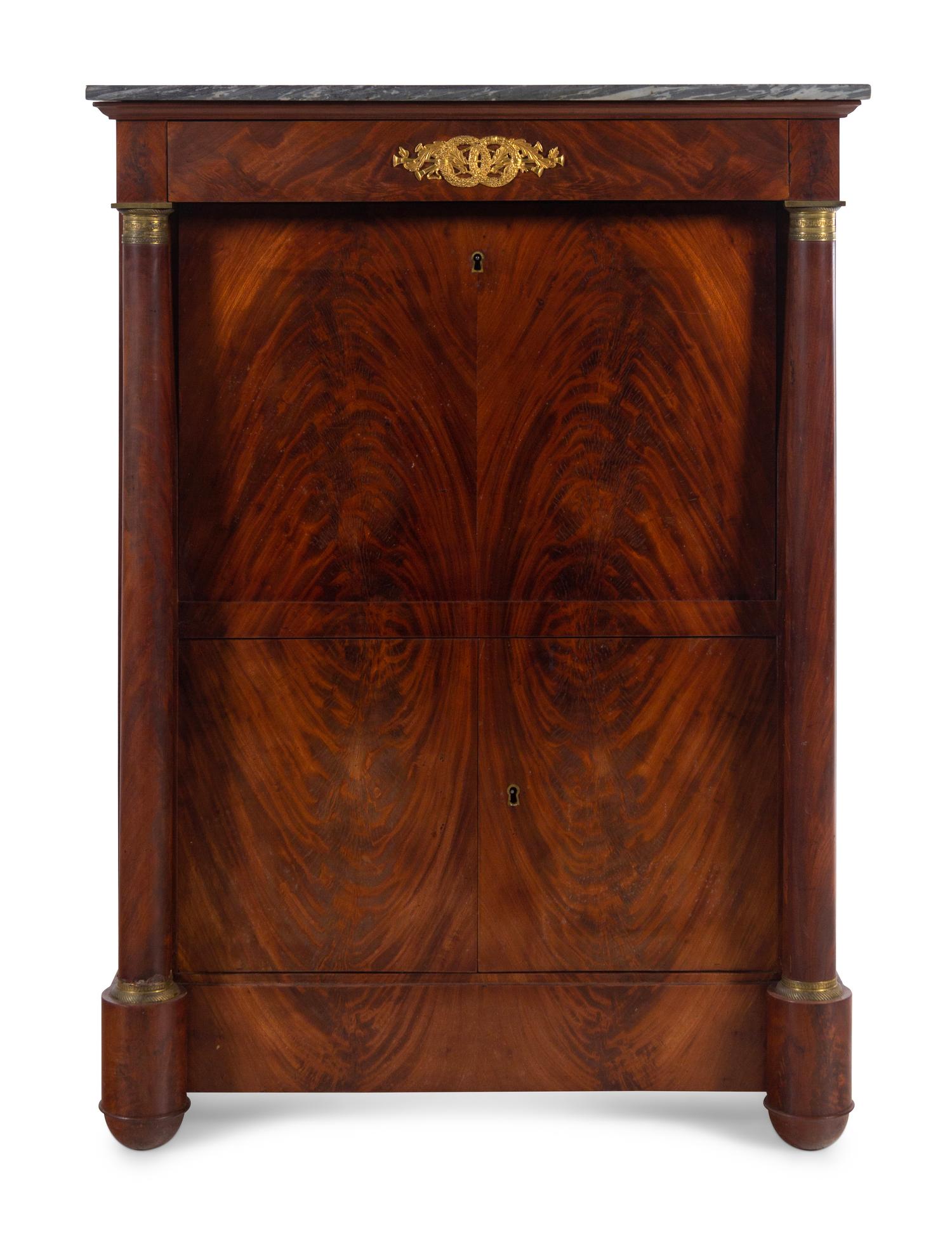 An Empire Style Gilt Bronze Mounted Mahogany Marble-Top Secrétaire à Abattant