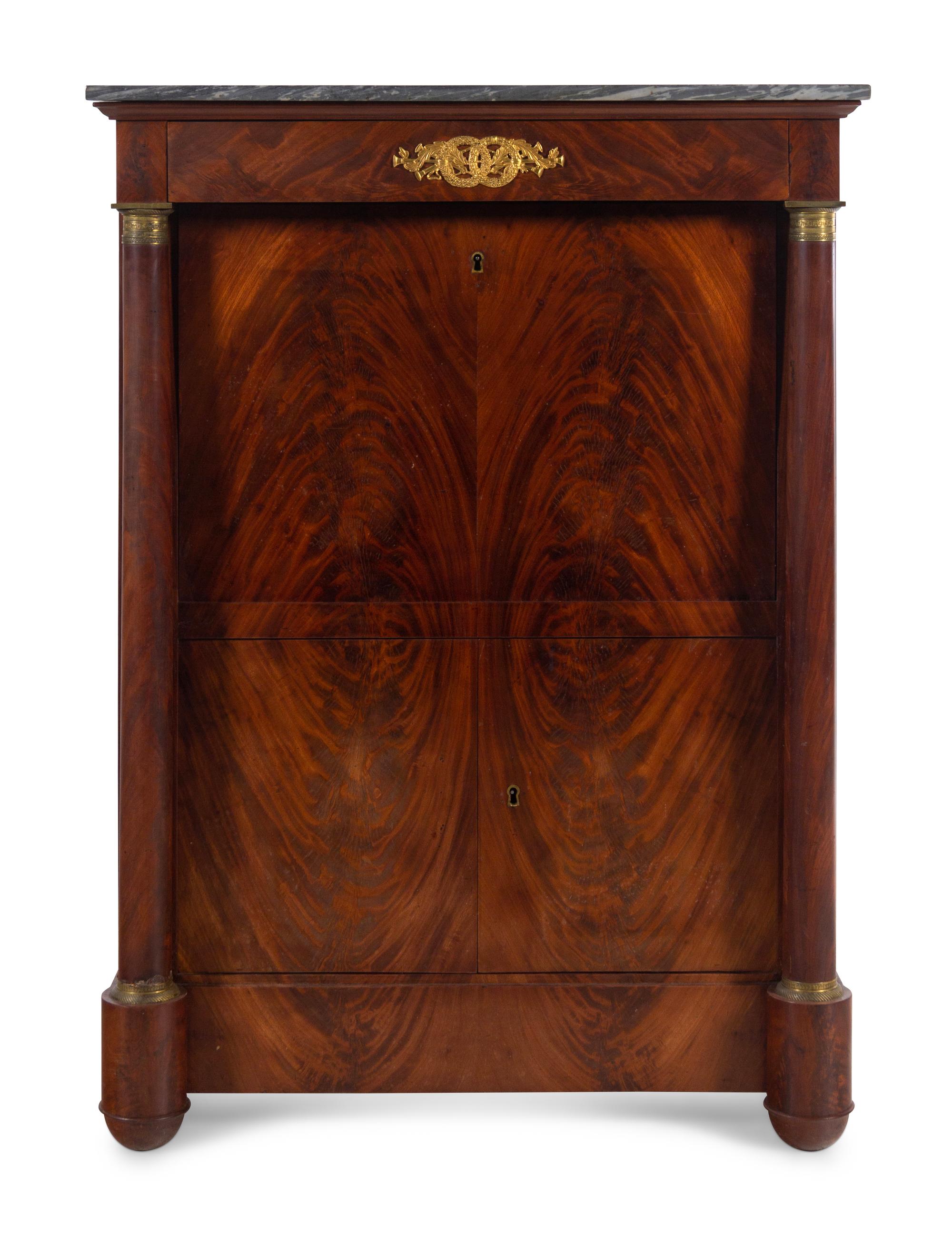 An Empire Style Gilt Bronze Mounted Mahogany Marble-Top Secrétaire à Abattant