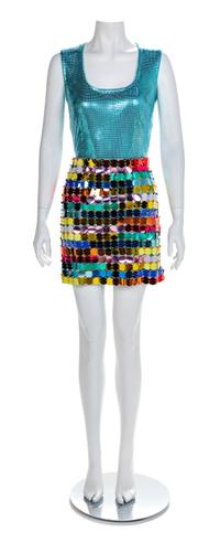 Atelier Versace Blue Jacket with Oroton Bodysuit and Multicolor Disc Skirt, A/W 1994 No size label