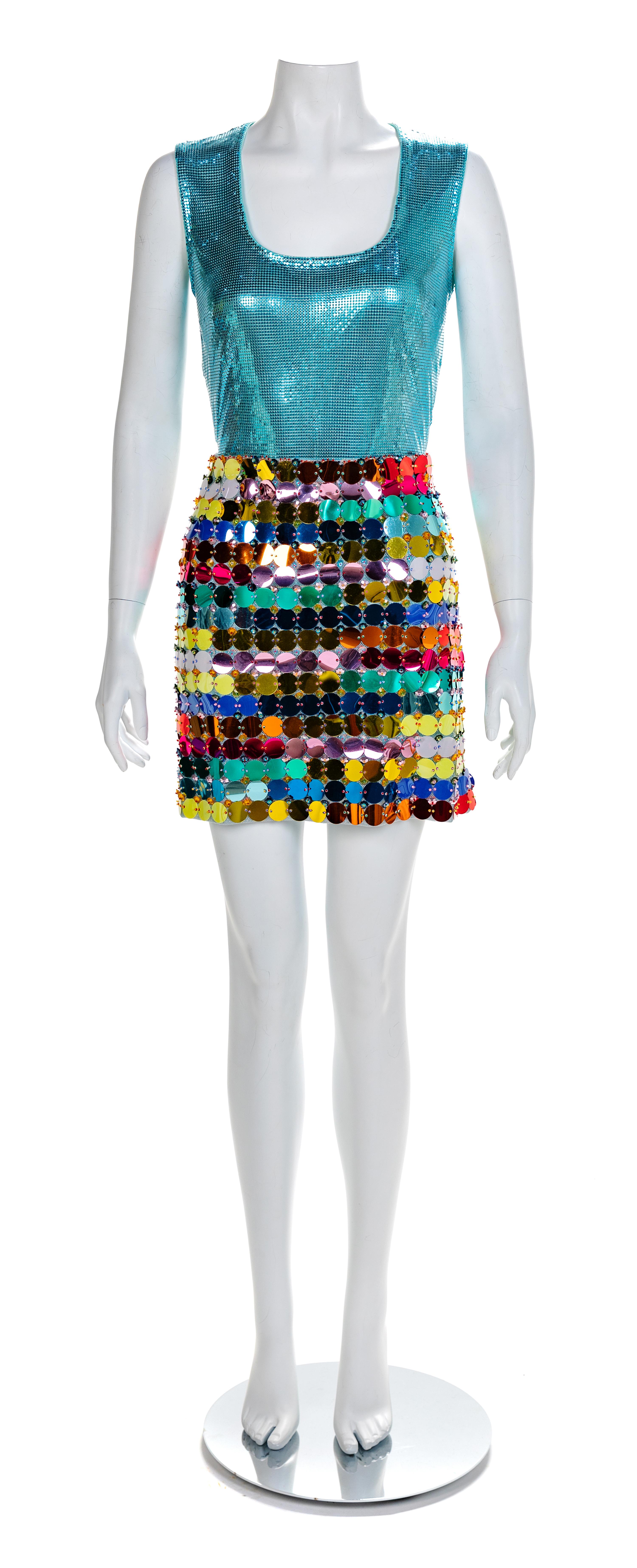 Atelier Versace Blue Jacket with Oroton Bodysuit and Multicolor Disc Skirt, A/W 1994 No size label