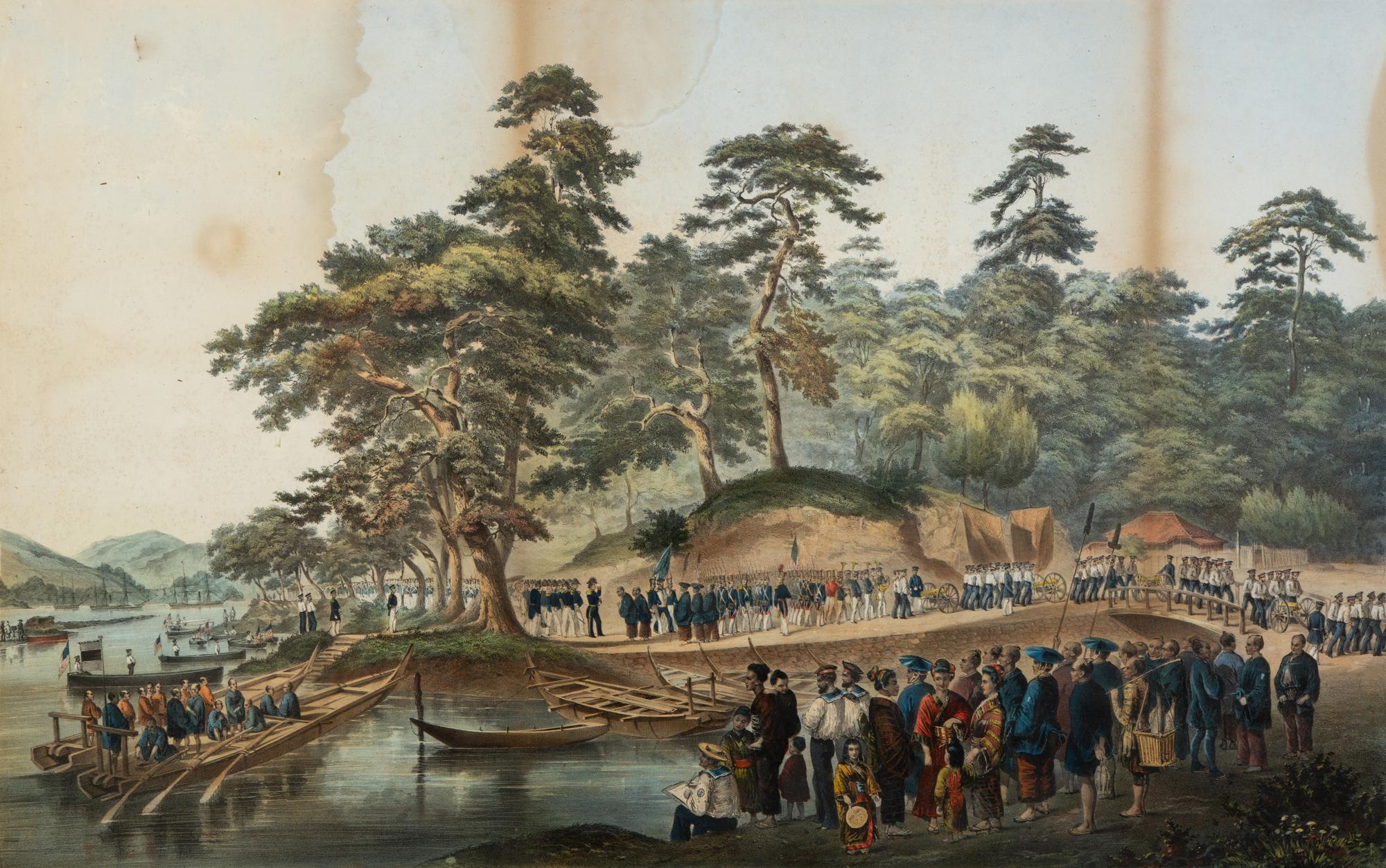 Two Hand-Colored Lithographs Depicting the Travels of Commodore Perry in Japan — 19TH CENTURY