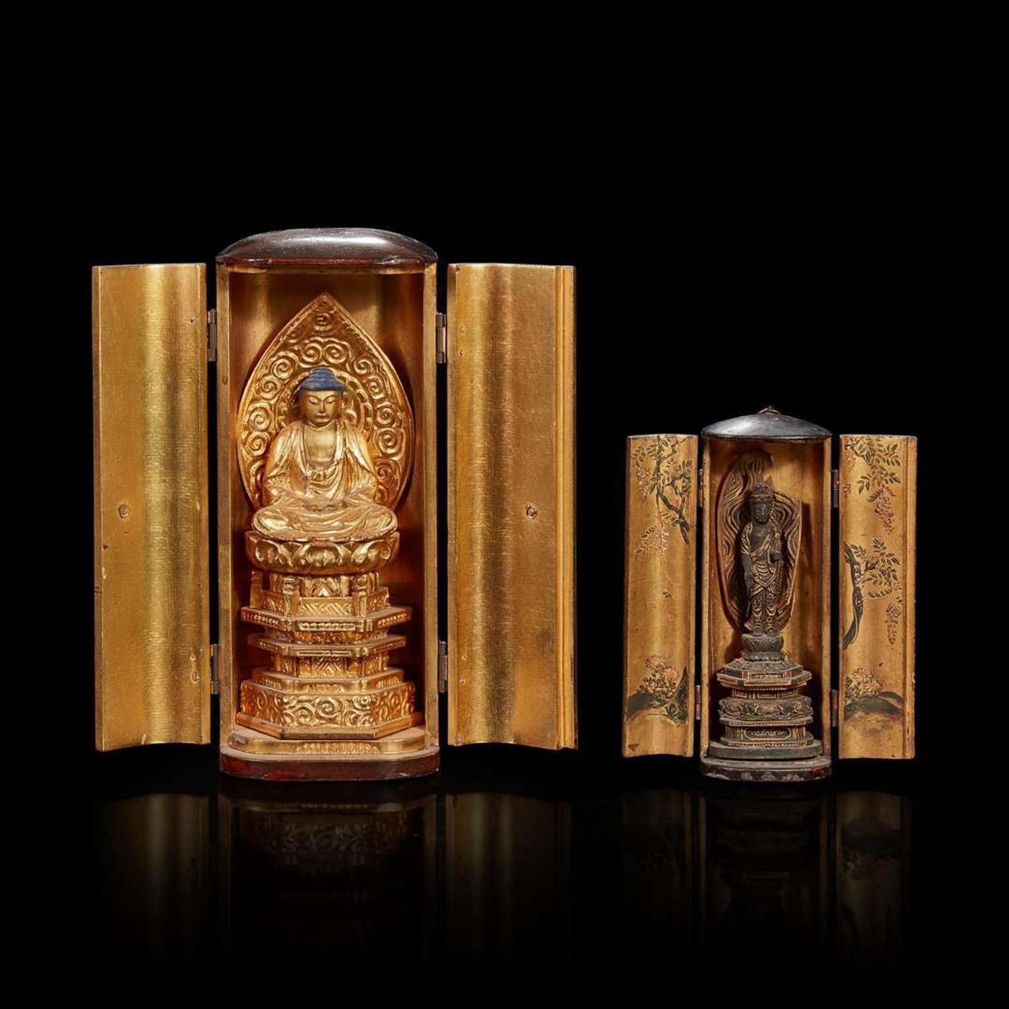 Two small Japanese gilt lacquered wood zushi shrines Edo to Meiji period