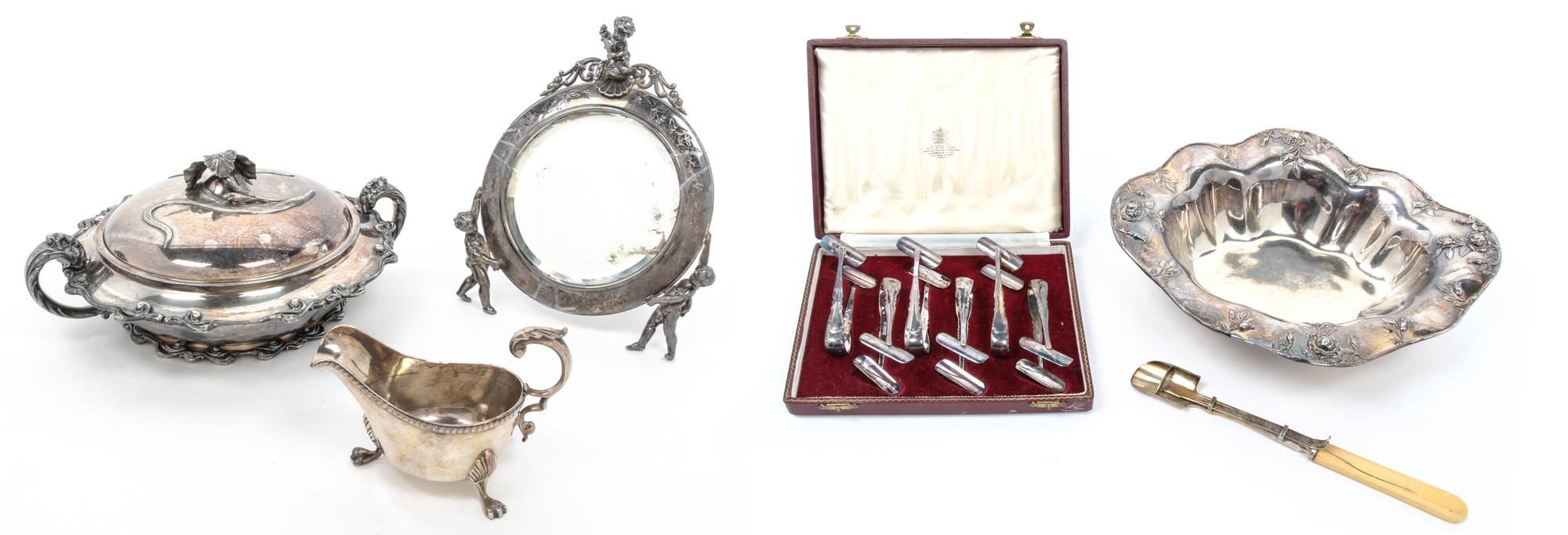 A Group of Silver-Plate Articles, Various Makers, comprising a figural dressing mirror modeled with three putti, an Art Nouveau entree