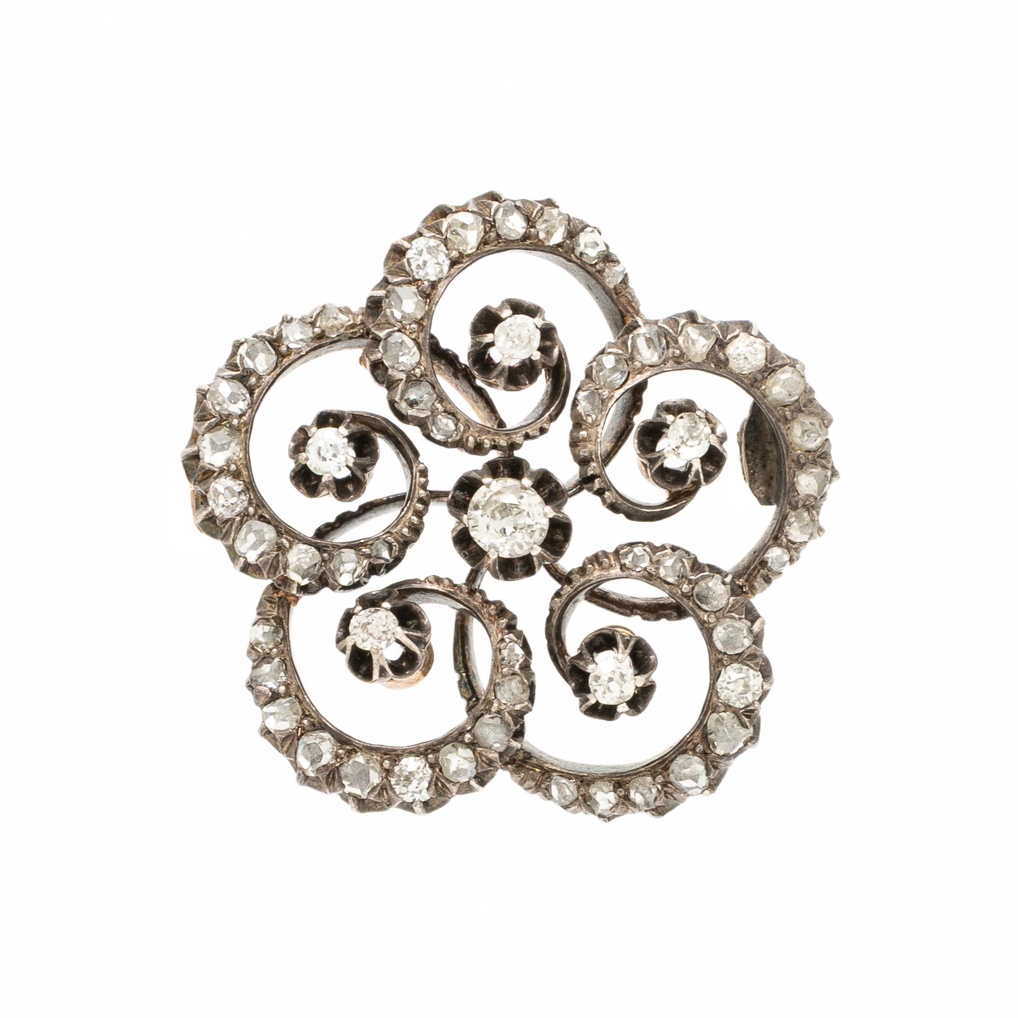 Antique, Diamond and Silver-Topped Gold Flower Brooch